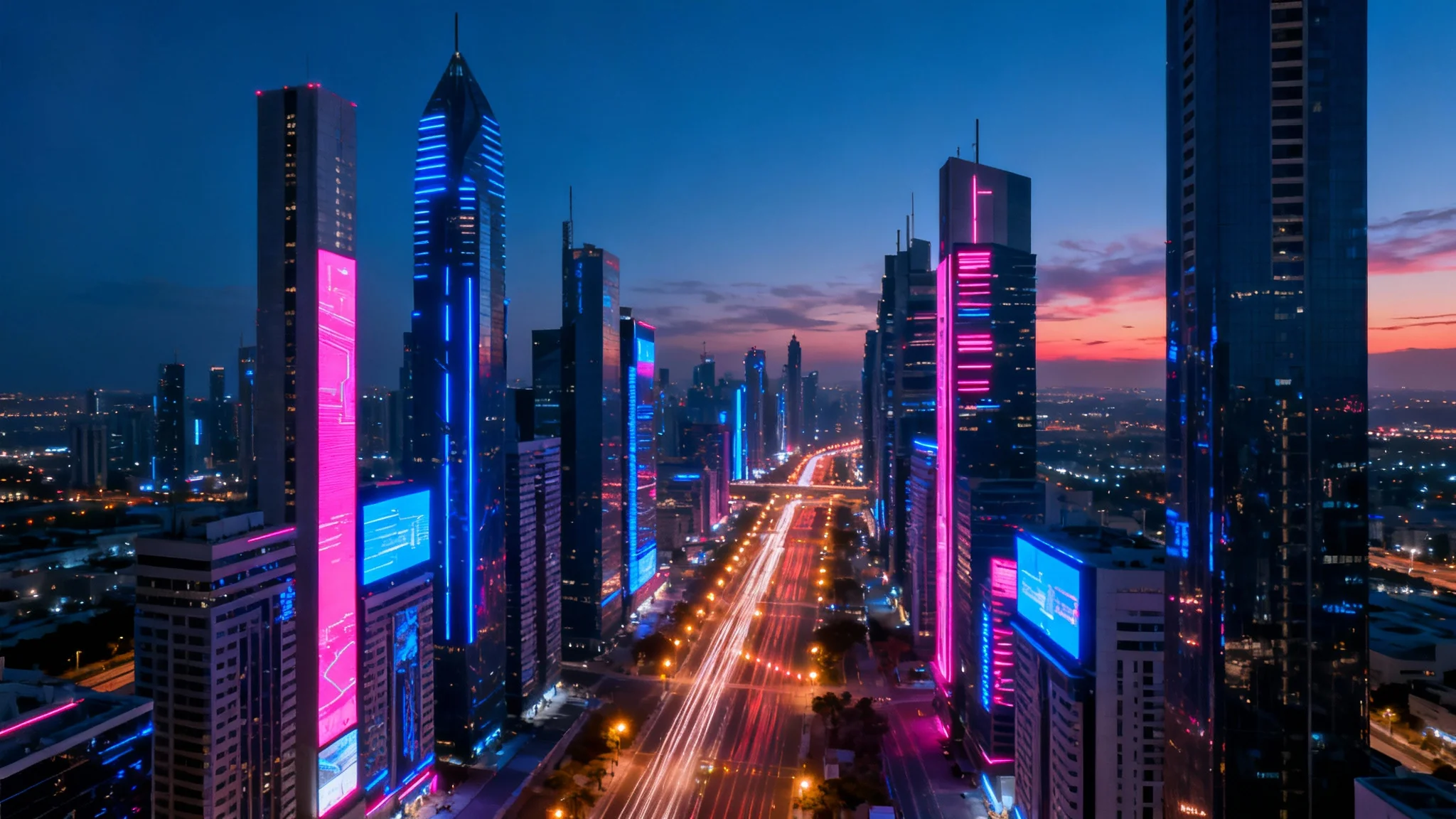 A hero image showing a stunning final design of a futuristic cityscape at twilight, viewed from a high angle.