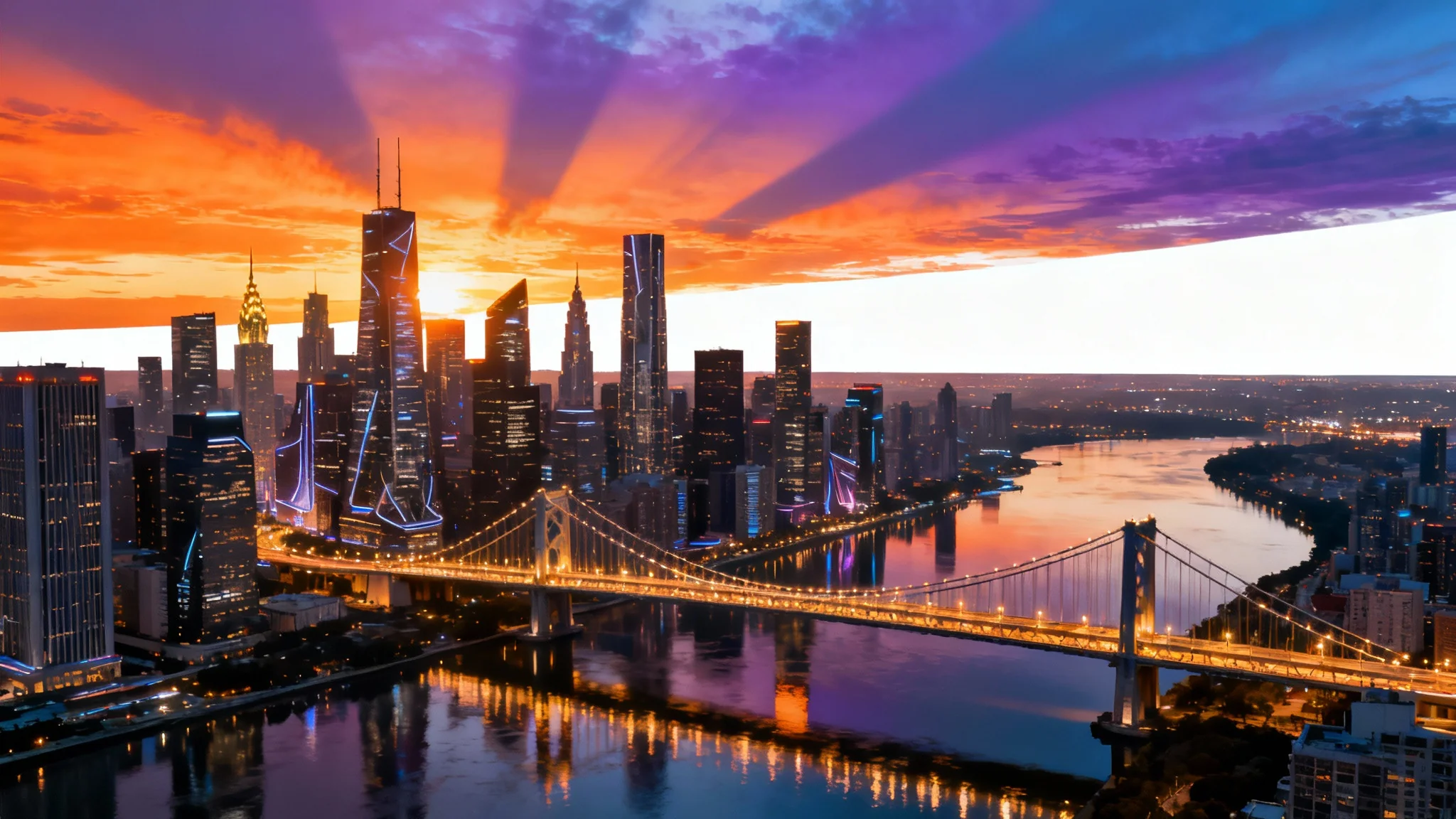 A photorealistic rendering of a futuristic cityscape at sunset, featuring towering skyscrapers and a glowing bridge, isolated on a white background.