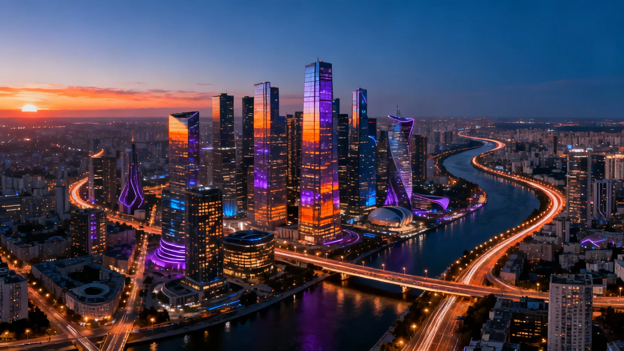 A stunning, hyper-realistic digital rendering of a vast city skyline at dusk, with glowing skyscrapers reflecting the sunset in a winding river.