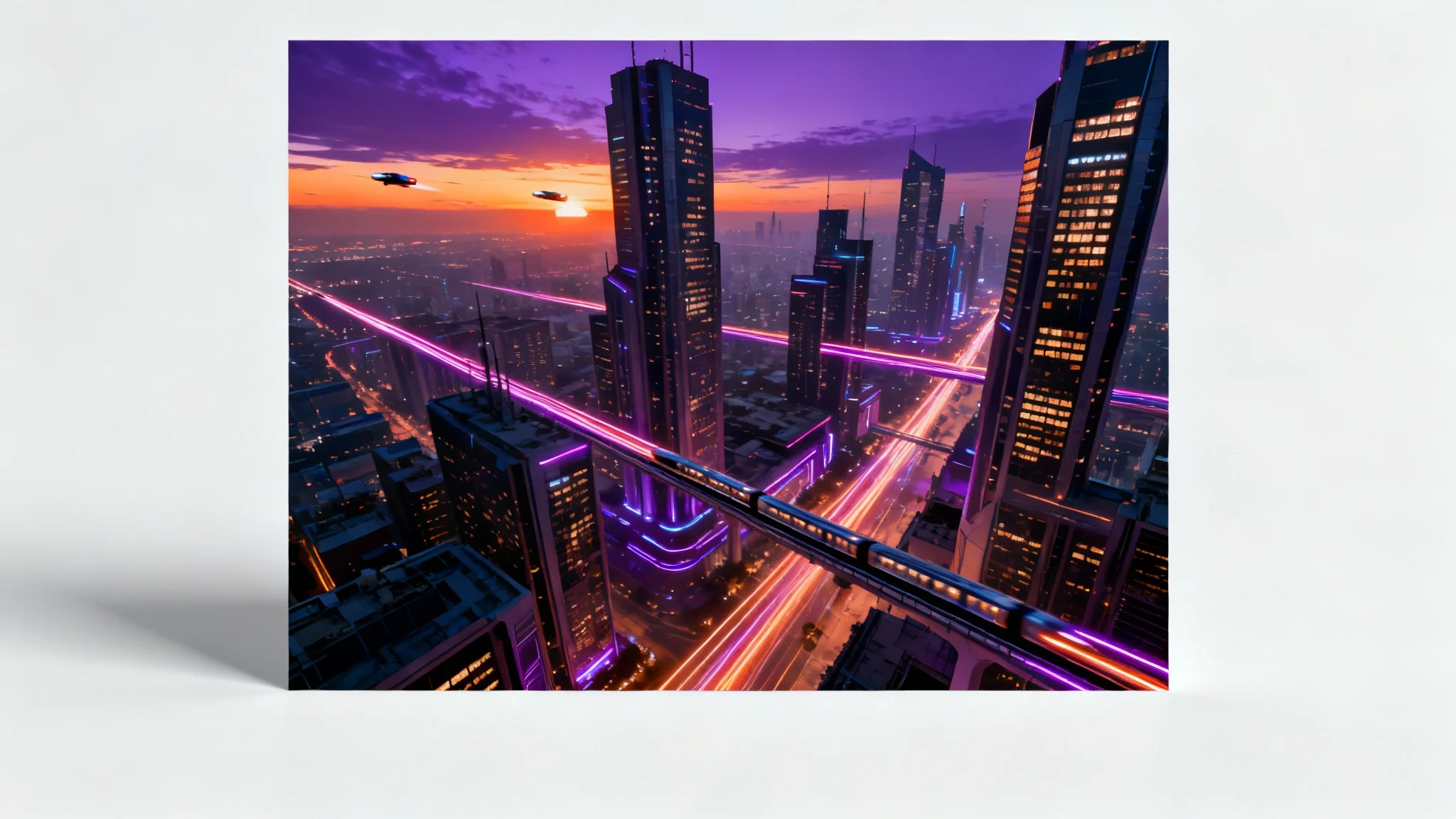 A high-angle, photorealistic view of a futuristic cityscape at dusk, featuring glowing skyscrapers and neon light trails, presented as a mockup on a white background.