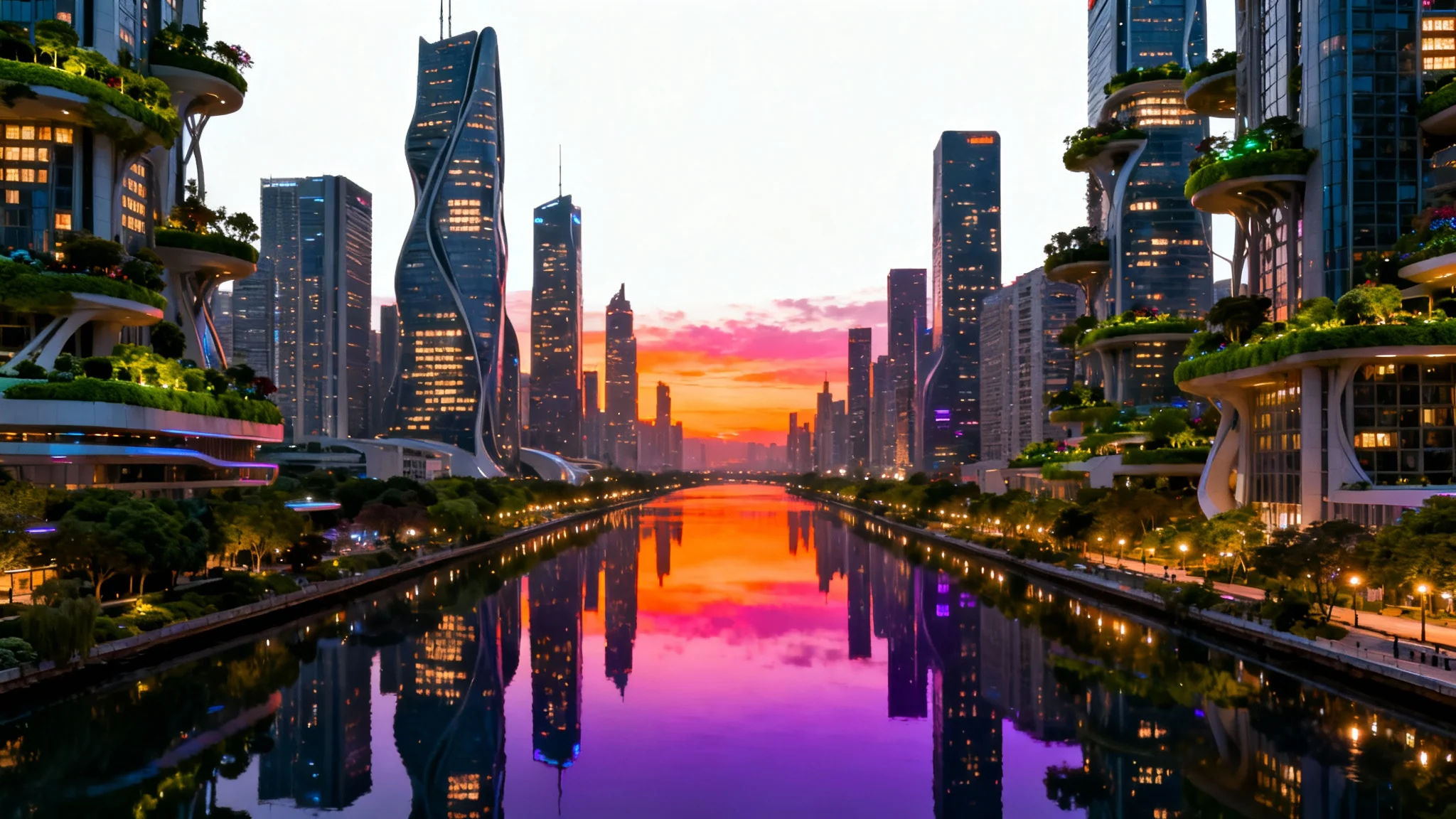 A vibrant, photorealistic image of a futuristic cityscape at sunset, featuring innovative skyscrapers and a reflective river, presented as a high-quality art piece on a white background.