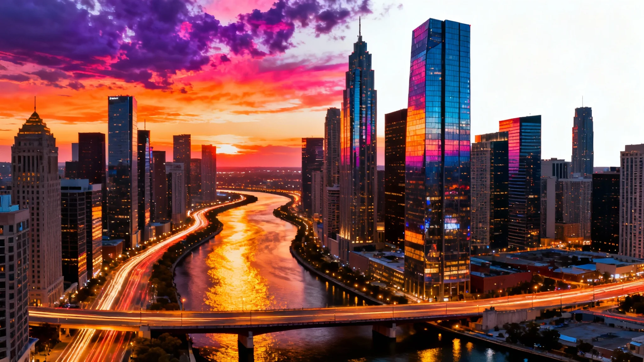 A hyper-realistic aerial view of a modern cityscape at sunset, featuring glowing skyscrapers, a reflecting river, and streaks of traffic lights under a colorful sky.