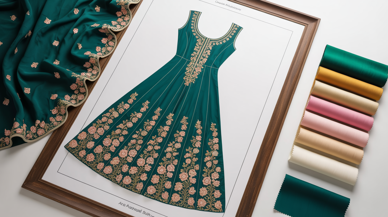 A digital fashion design page showcasing a custom anarkali suit. The central illustration is a green and gold embroidered anarkali, with detailed callouts, color swatches, and a fabric sample arranged on a clean white background, representing a design tool's final output.