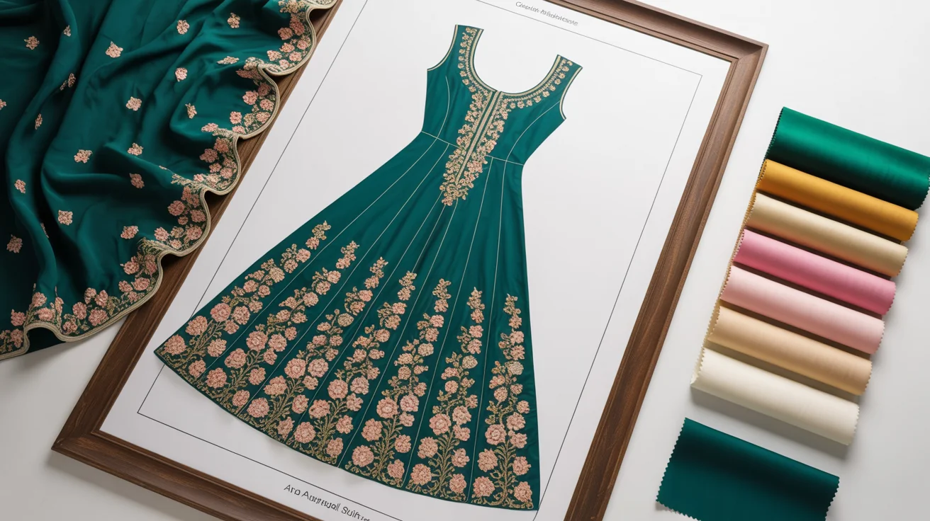 A digital fashion design page showcasing a custom anarkali suit. The central illustration is a green and gold embroidered anarkali, with detailed callouts, color swatches, and a fabric sample arranged on a clean white background, representing a design tool's final output.