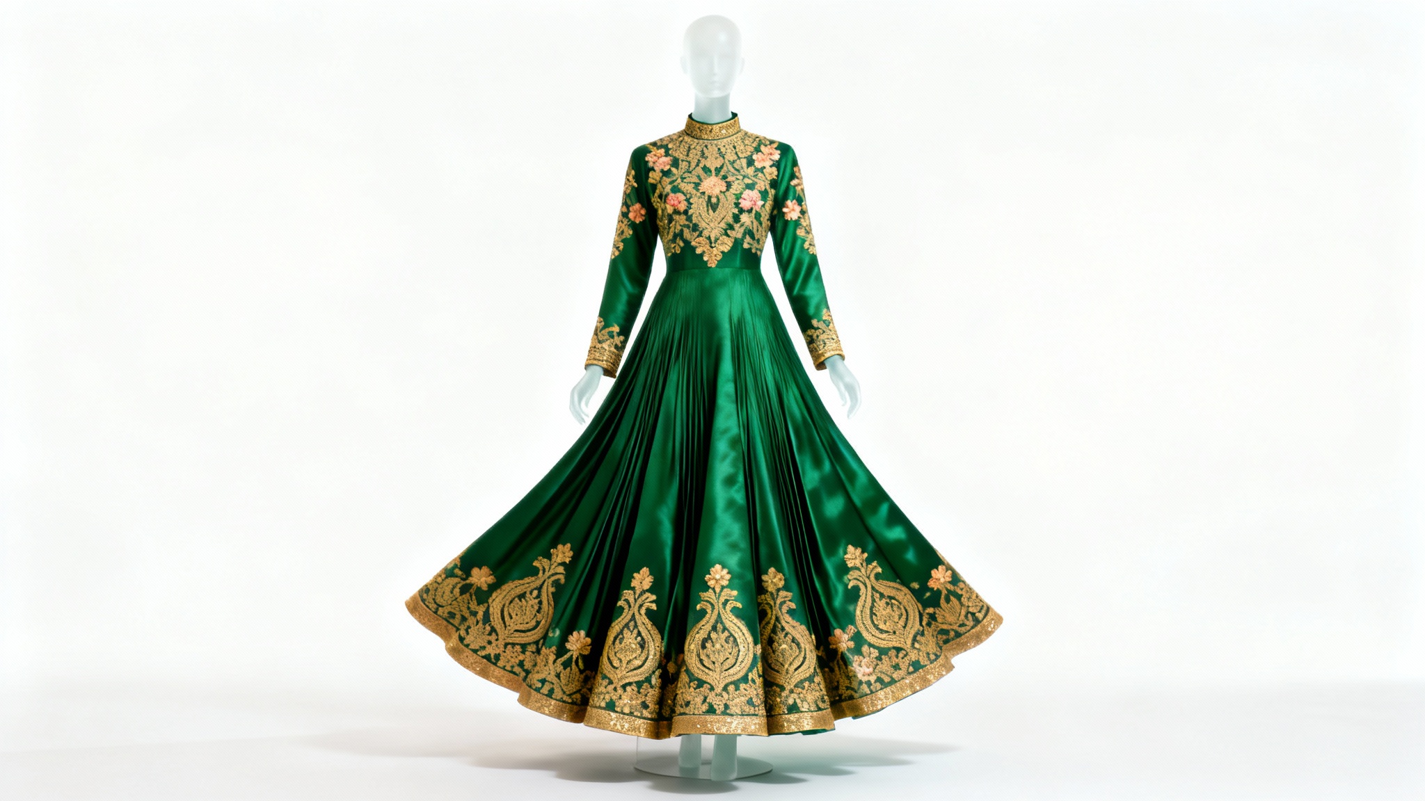 An elegant emerald green Anarkali suit with intricate gold embroidery displayed on a ghost mannequin against a plain white background.