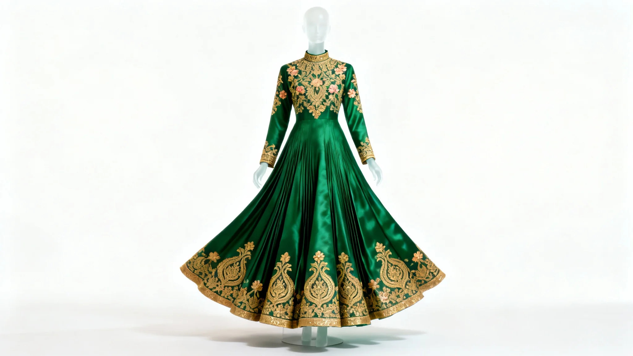 An elegant emerald green Anarkali suit with intricate gold embroidery displayed on a ghost mannequin against a plain white background.