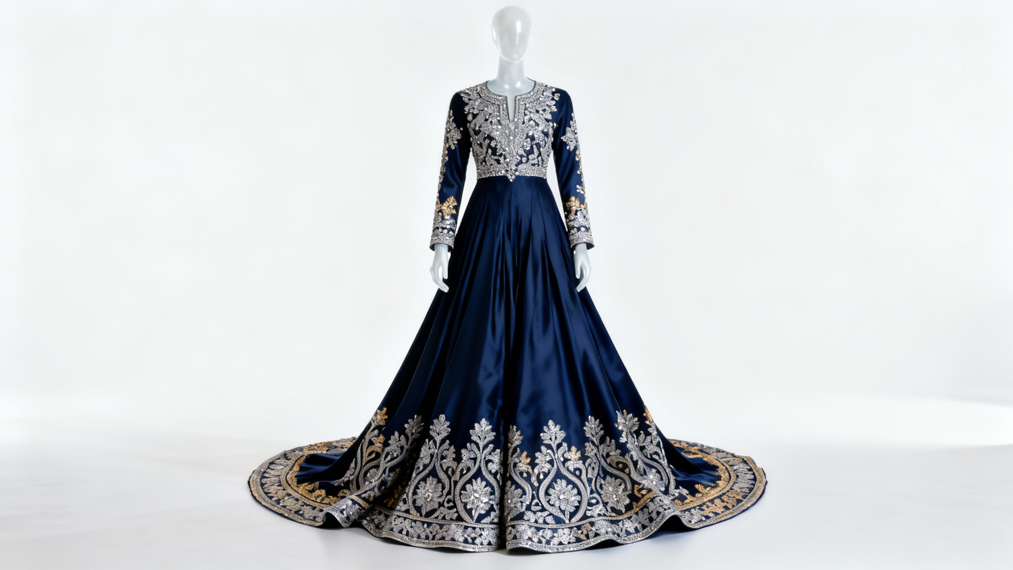 A luxurious, full-length royal navy blue Anarkali suit with intricate silver and gold embroidery, displayed elegantly against a clean white background.