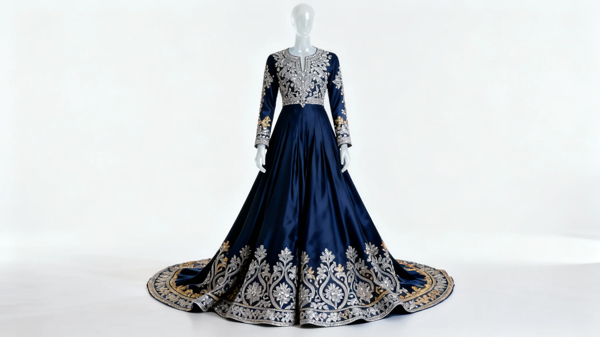 A luxurious, full-length royal navy blue Anarkali suit with intricate silver and gold embroidery, displayed elegantly against a clean white background.