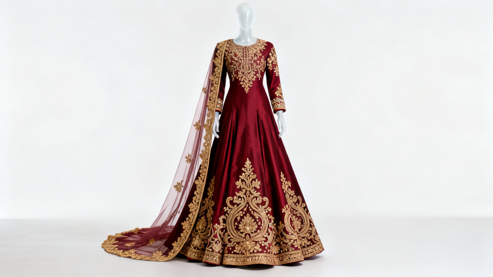 A full-length studio photograph of an elegant, ruby red silk Anarkali suit with intricate gold embroidery on the chest, cuffs, and hem, displayed on an invisible mannequin against a plain white background.