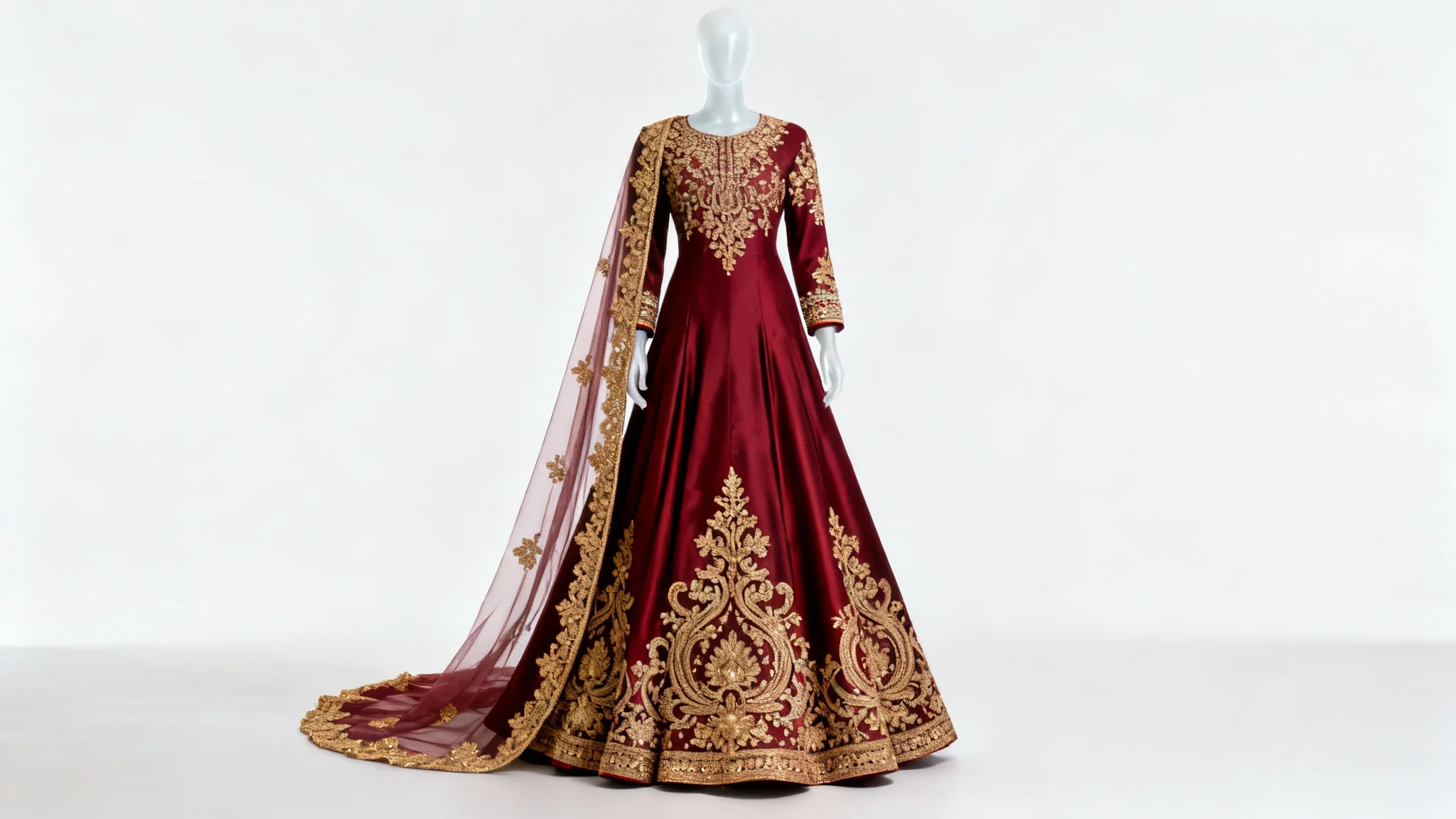 A full-length studio photograph of an elegant, ruby red silk Anarkali suit with intricate gold embroidery on the chest, cuffs, and hem, displayed on an invisible mannequin against a plain white background.