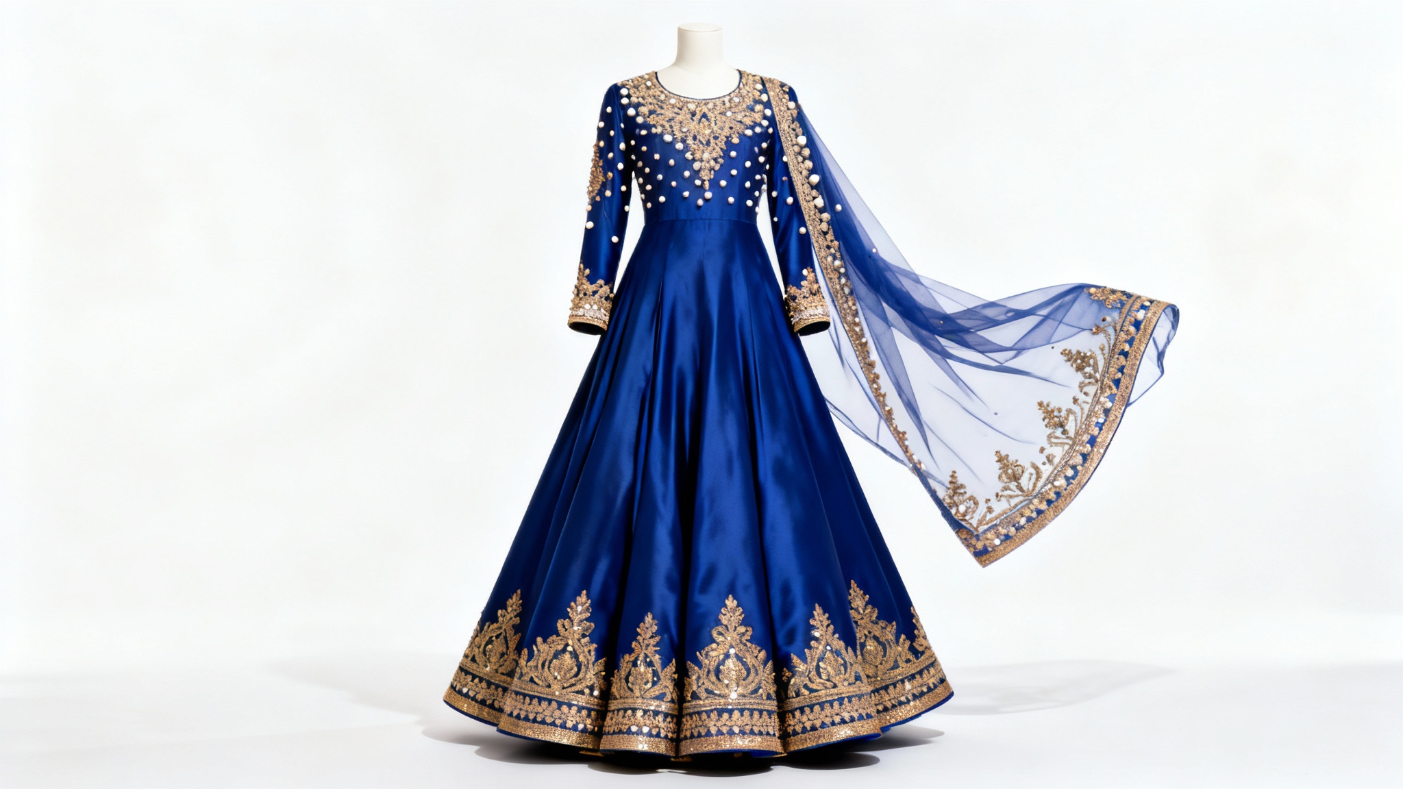 A stunning royal blue Anarkali suit with elaborate gold embroidery on the bodice and hem, displayed in a professional studio setting against a white background.