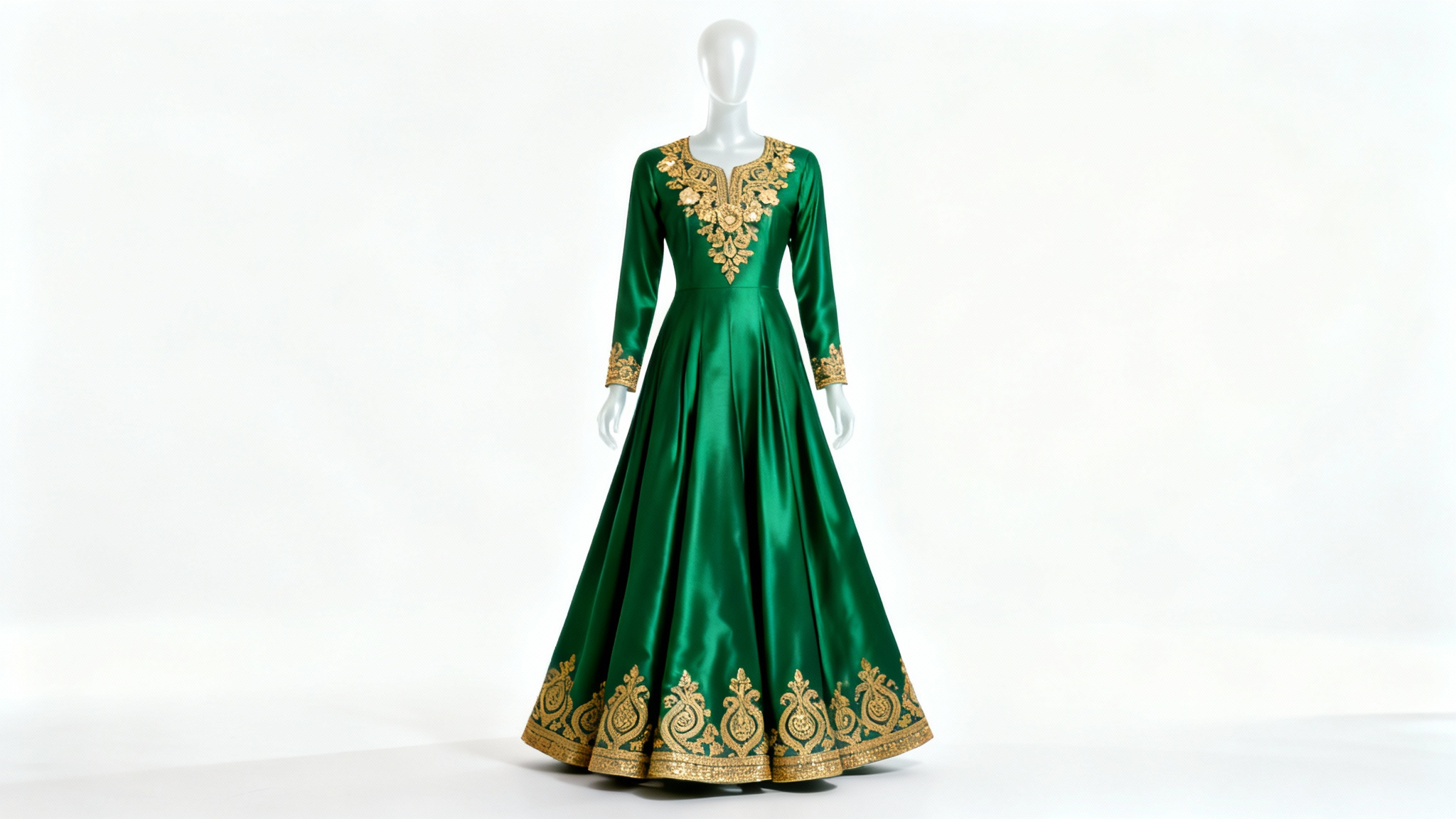 A luxurious emerald green Anarkali suit with intricate gold embroidery, displayed elegantly on a mannequin against a plain white background.