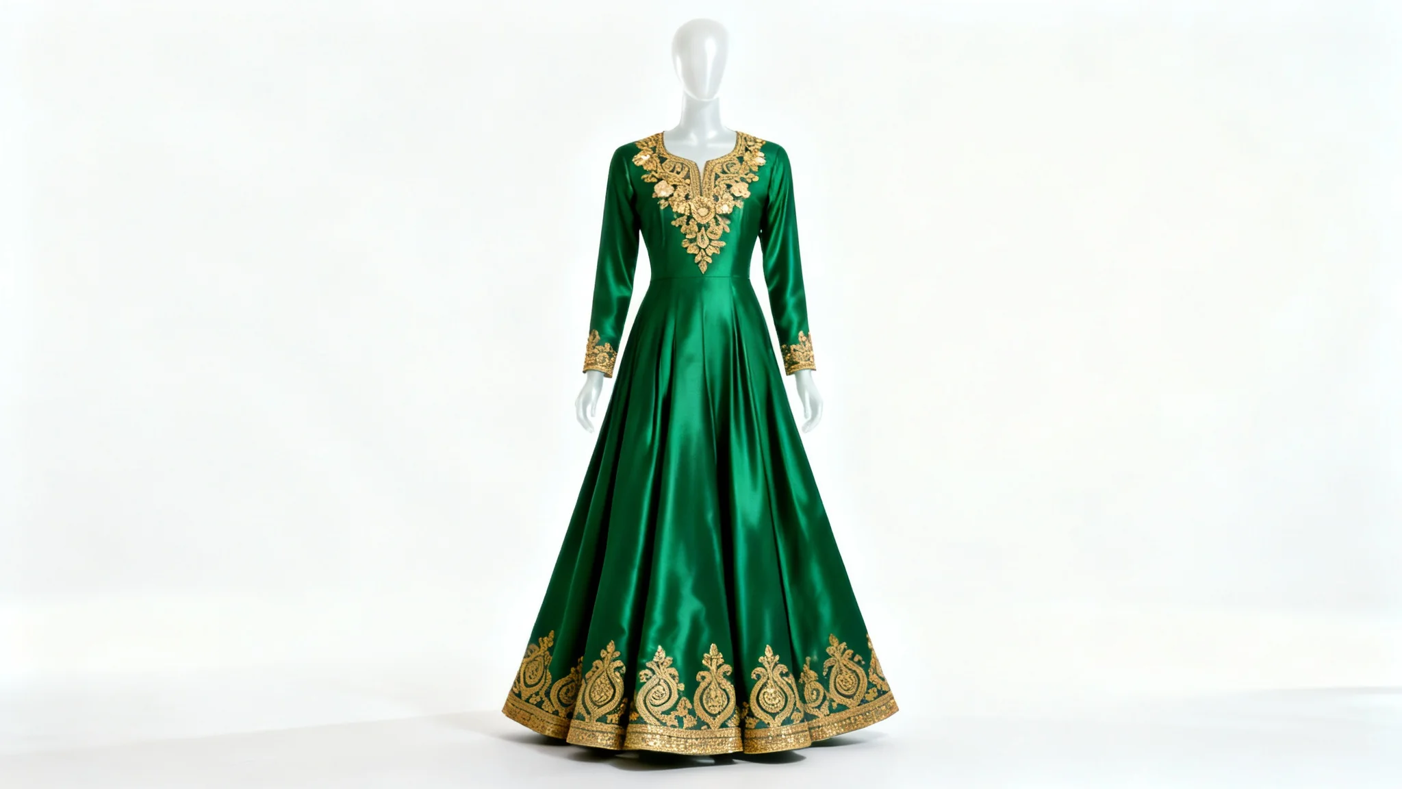 A luxurious emerald green Anarkali suit with intricate gold embroidery, displayed elegantly on a mannequin against a plain white background.