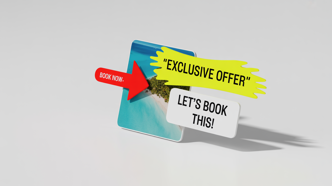 A mockup of an edited screenshot of a travel website. The screenshot has been annotated with a red arrow, a yellow highlighter, a red circle, and a text box that says 'Let’s book this!', demonstrating the features of a screenshot editor.