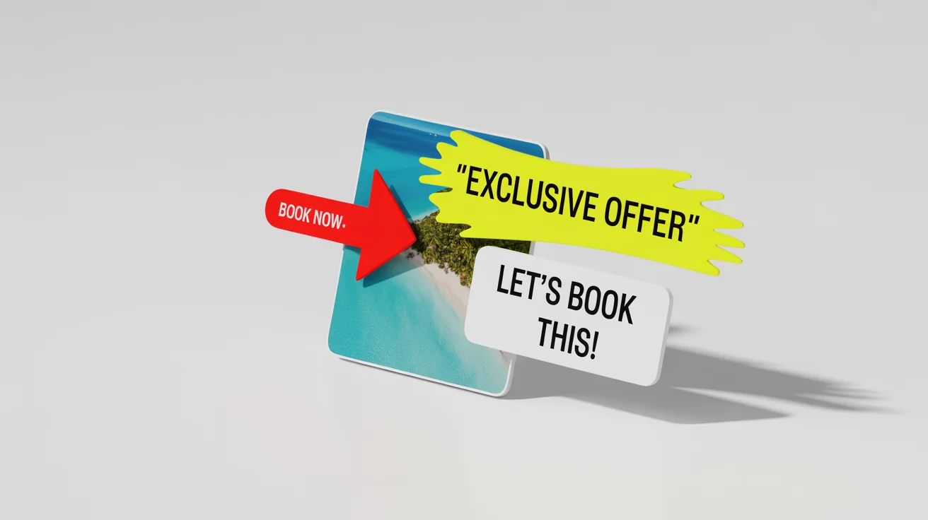 A mockup of an edited screenshot of a travel website. The screenshot has been annotated with a red arrow, a yellow highlighter, a red circle, and a text box that says 'Let’s book this!', demonstrating the features of a screenshot editor.