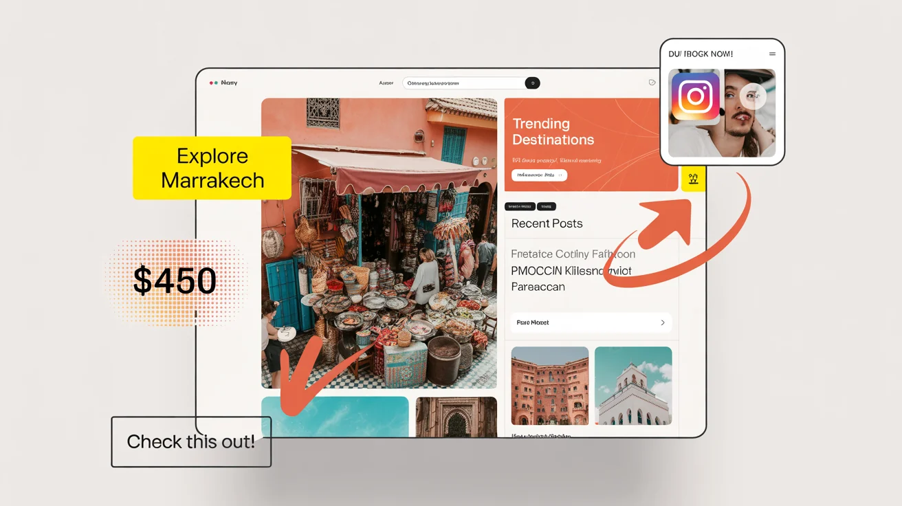 A mockup of an edited website screenshot, showing annotations like a red arrow, a yellow highlighter, a pixelated area, and a text box on a white background.