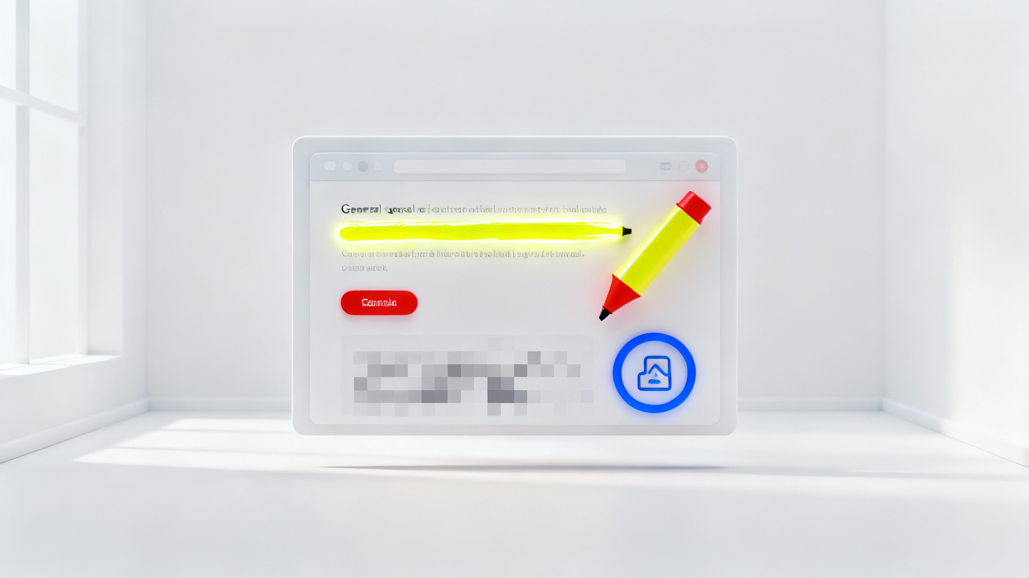 A stylized 3D render of a website screenshot being edited, featuring graphical annotations like a red arrow, a yellow highlight, and a blue circle, on a white background.