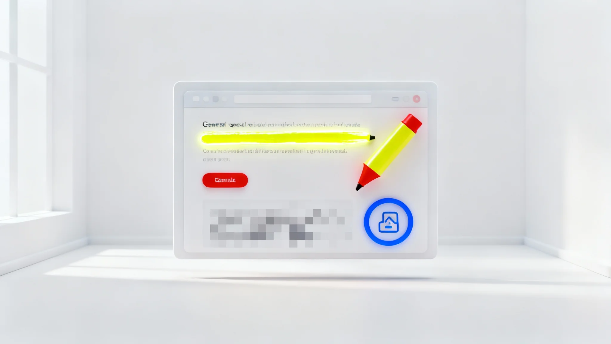 A stylized 3D render of a website screenshot being edited, featuring graphical annotations like a red arrow, a yellow highlight, and a blue circle, on a white background.