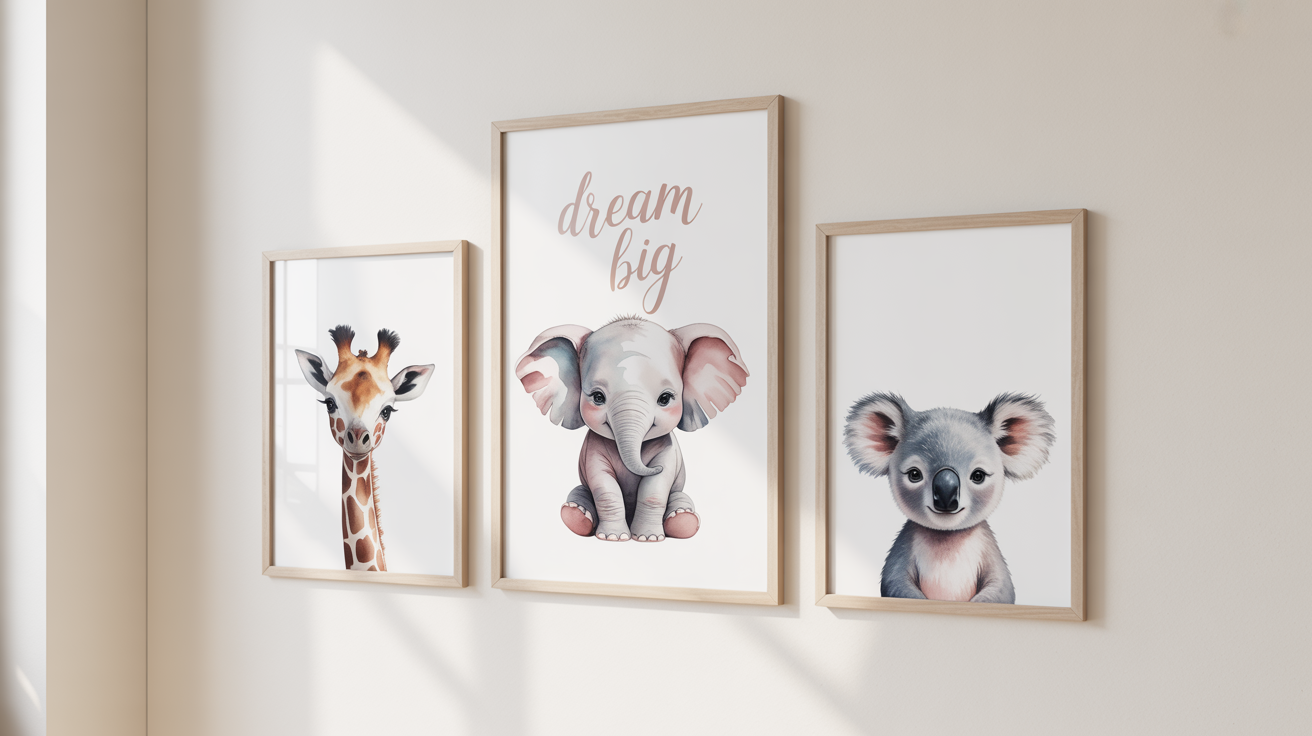 A set of three framed pastel nursery art prints on a light-colored wall. The prints show cute baby animals in a soft watercolor style, with one print featuring the text 'Dream Big'.