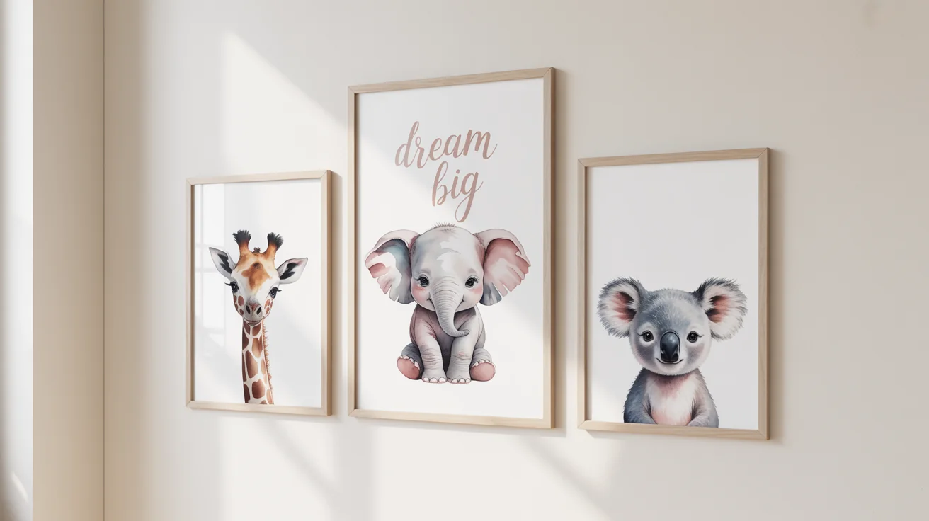 A set of three framed pastel nursery art prints on a light-colored wall. The prints show cute baby animals in a soft watercolor style, with one print featuring the text 'Dream Big'.