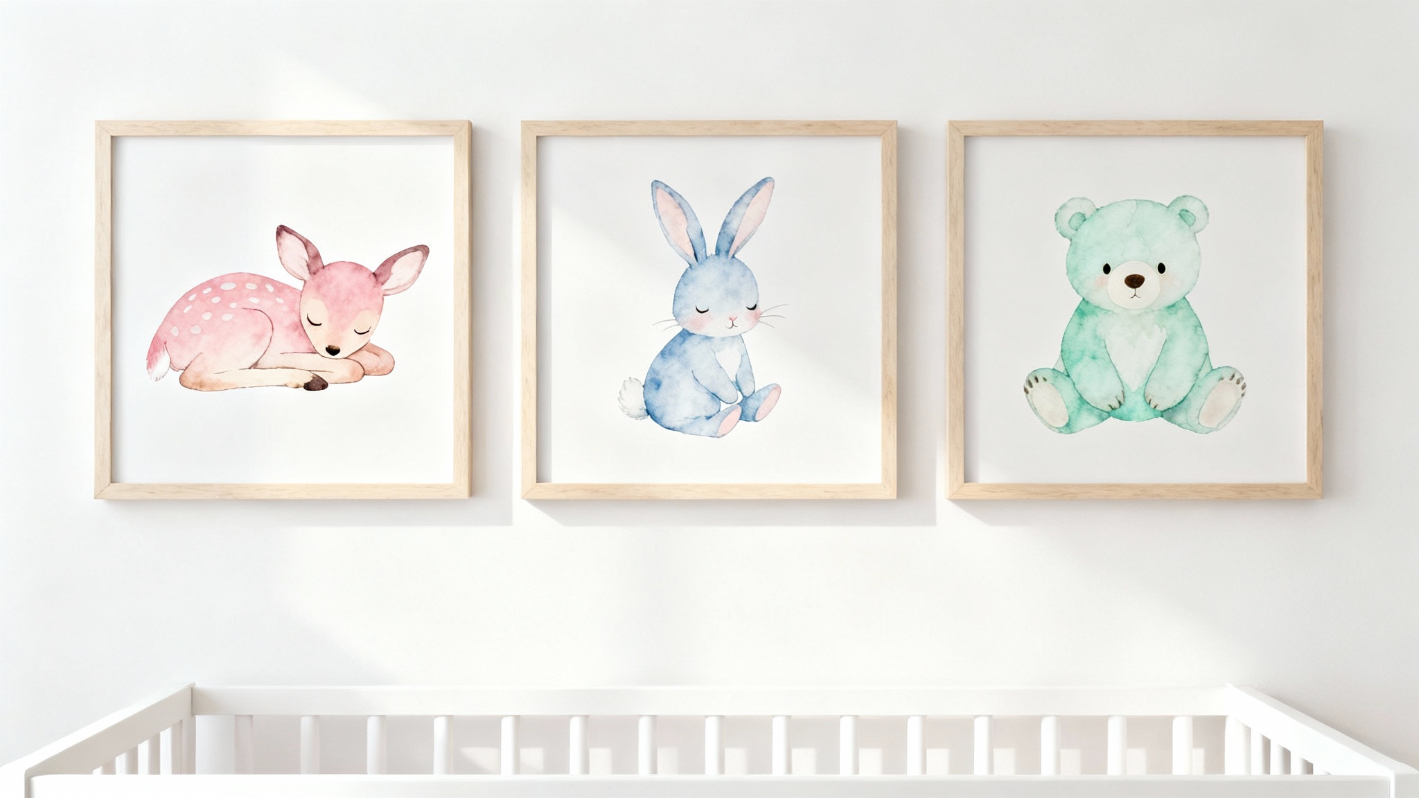 Three framed pastel art prints for a nursery, featuring watercolor illustrations of a fawn, a bunny, and a bear, hanging in a neat row on a light-colored wall above a white crib.