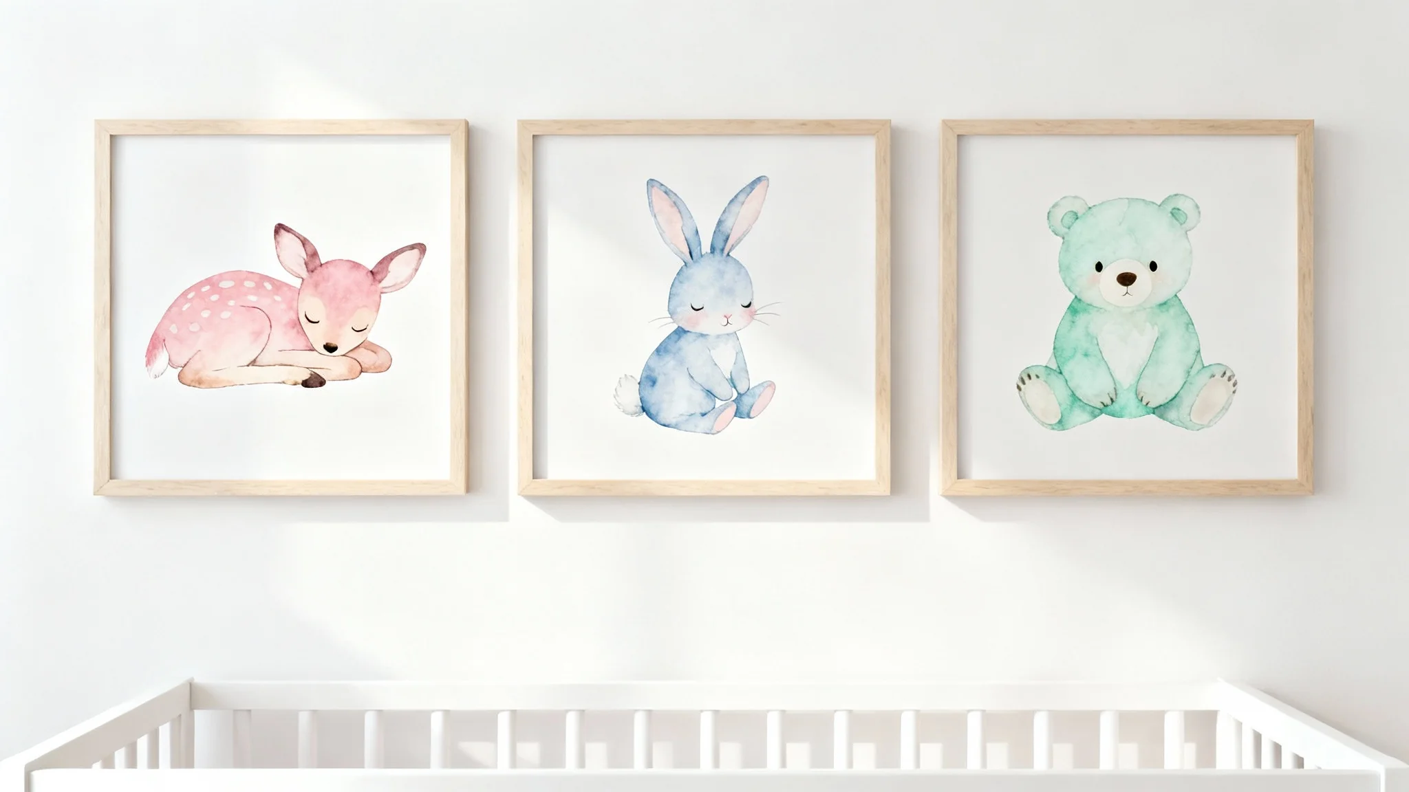 Three framed pastel art prints for a nursery, featuring watercolor illustrations of a fawn, a bunny, and a bear, hanging in a neat row on a light-colored wall above a white crib.