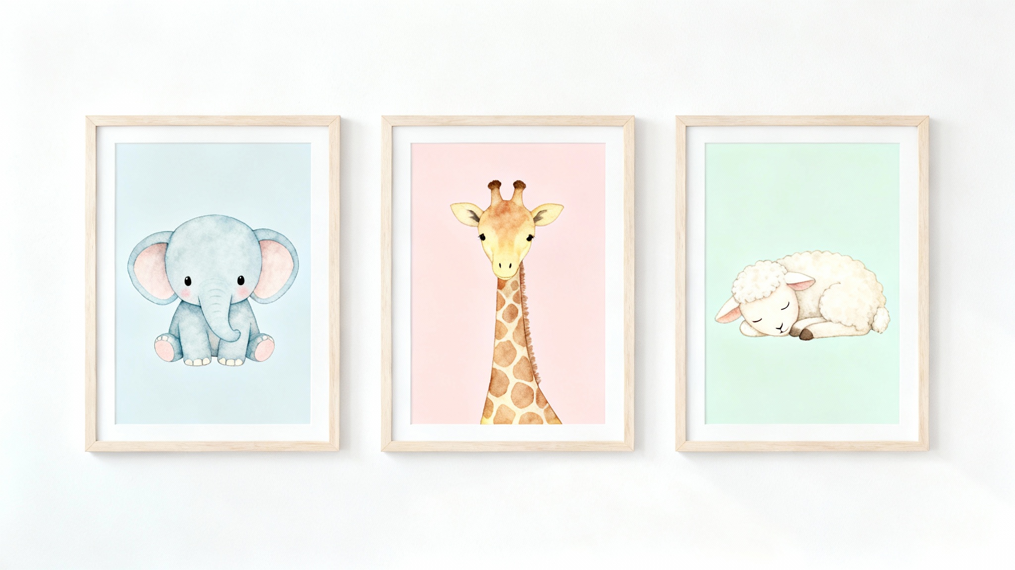 A mockup of three framed pastel wall art prints for a nursery, featuring a baby elephant, giraffe, and lamb, arranged in a row against a plain white background.