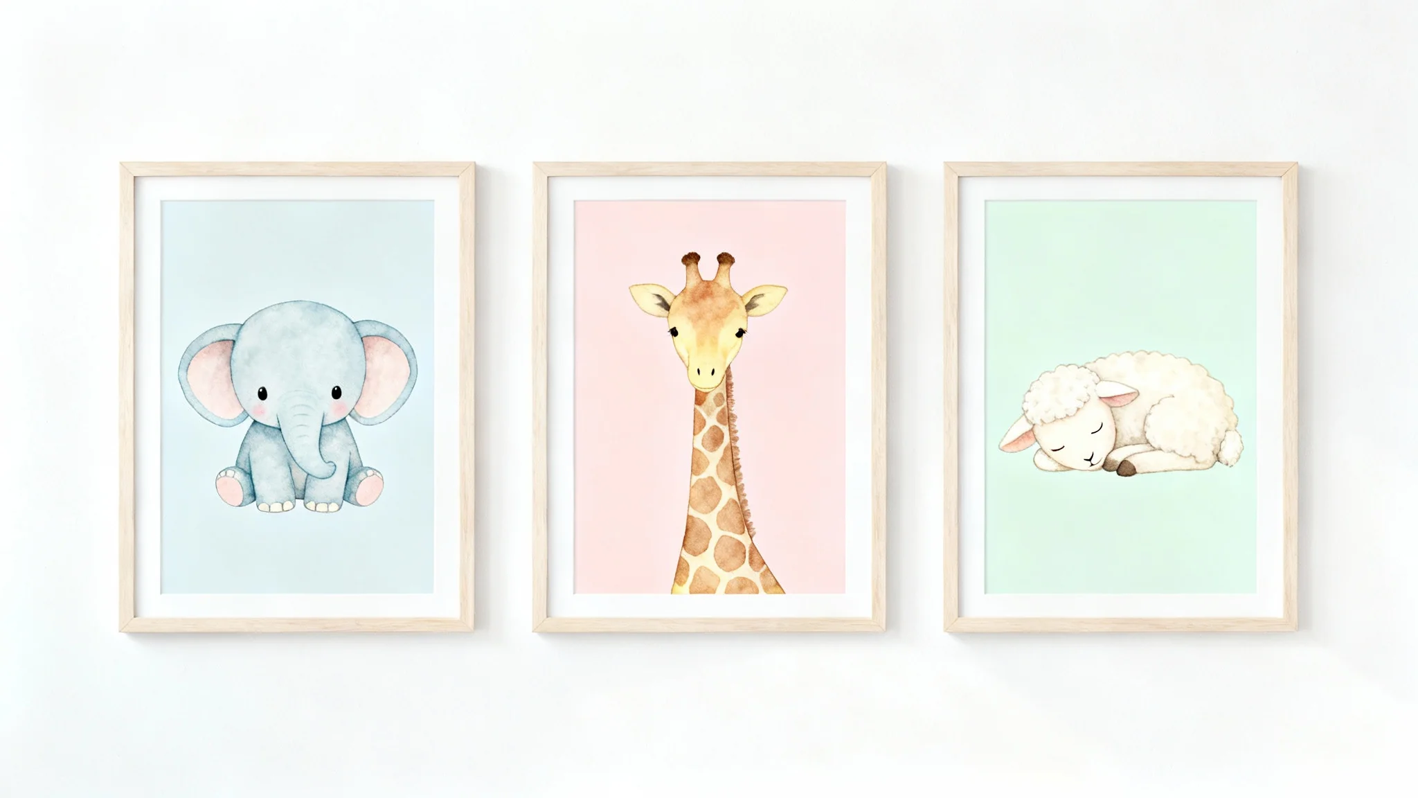 A mockup of three framed pastel wall art prints for a nursery, featuring a baby elephant, giraffe, and lamb, arranged in a row against a plain white background.