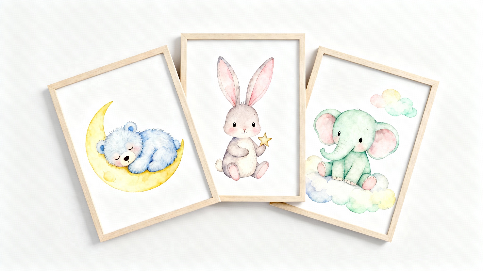 A product mockup of three framed nursery wall art prints against a white background. The delicate watercolor paintings feature cute baby animals in pastel colors: a sleeping bear on a moon, a bunny holding a star, and an elephant on a cloud.