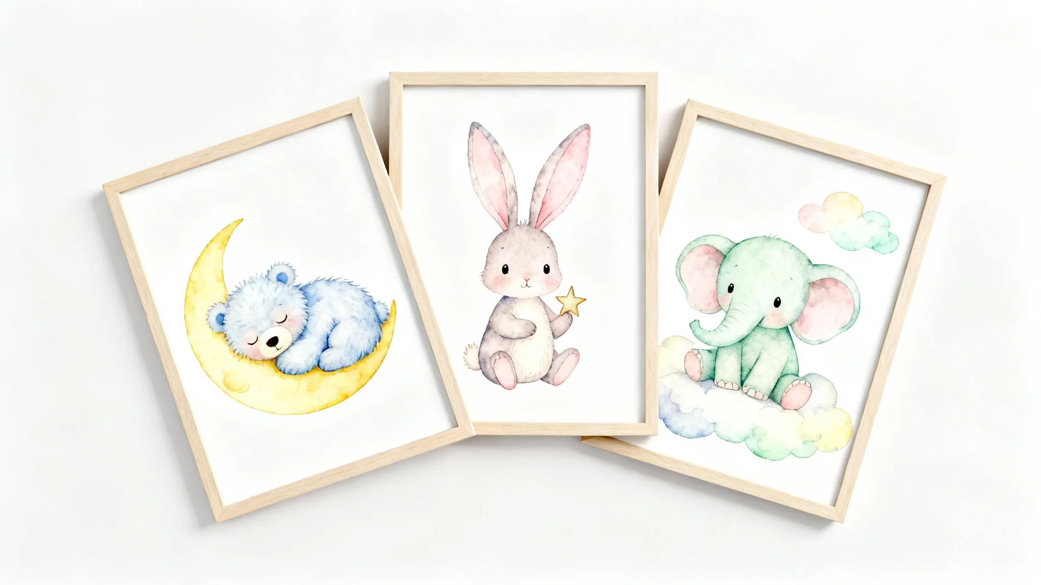 A product mockup of three framed nursery wall art prints against a white background. The delicate watercolor paintings feature cute baby animals in pastel colors: a sleeping bear on a moon, a bunny holding a star, and an elephant on a cloud.