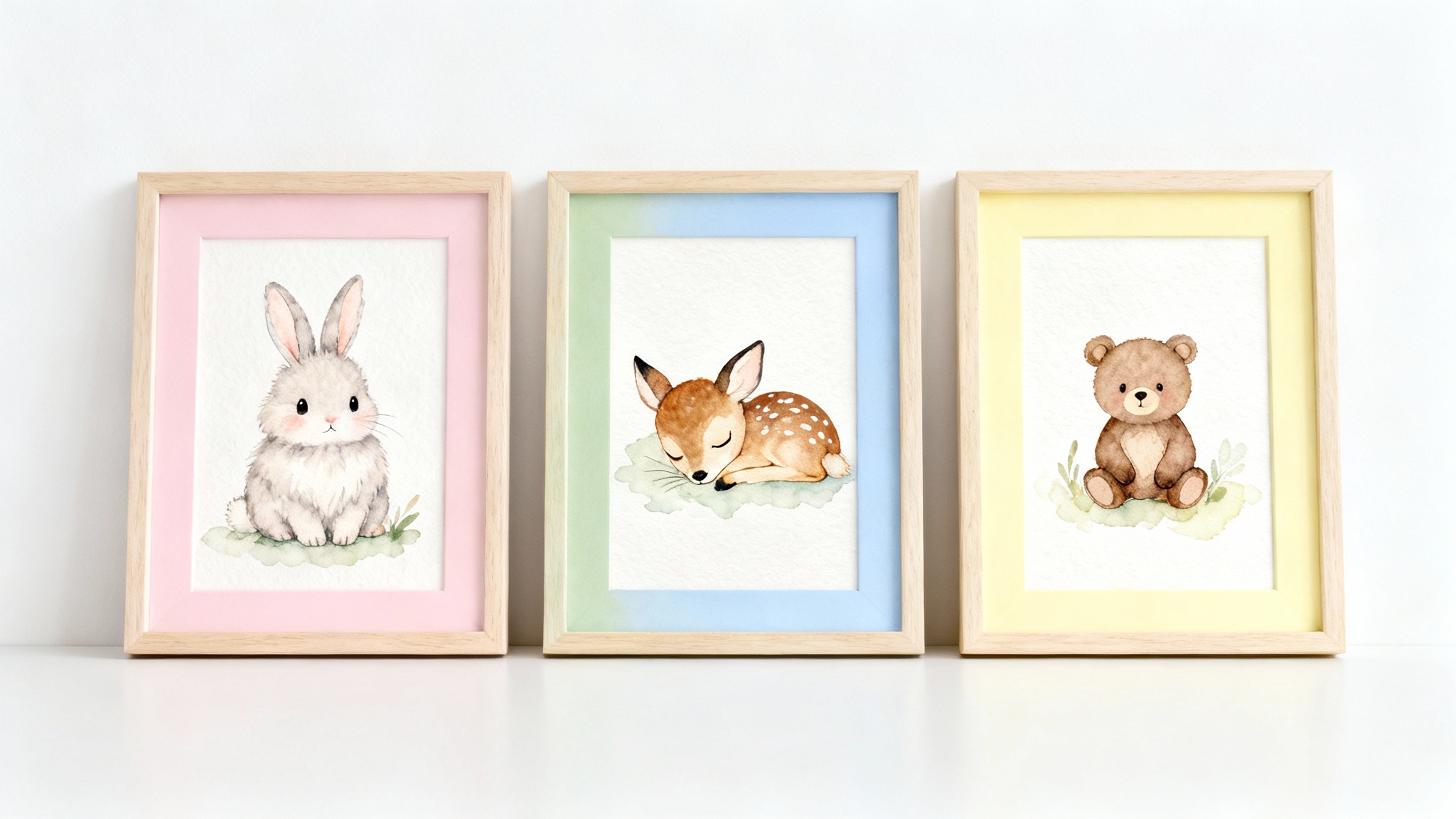 A mockup of three framed pastel wall art prints for a nursery, featuring watercolor illustrations of a bunny, fawn, and bear, against a white background.