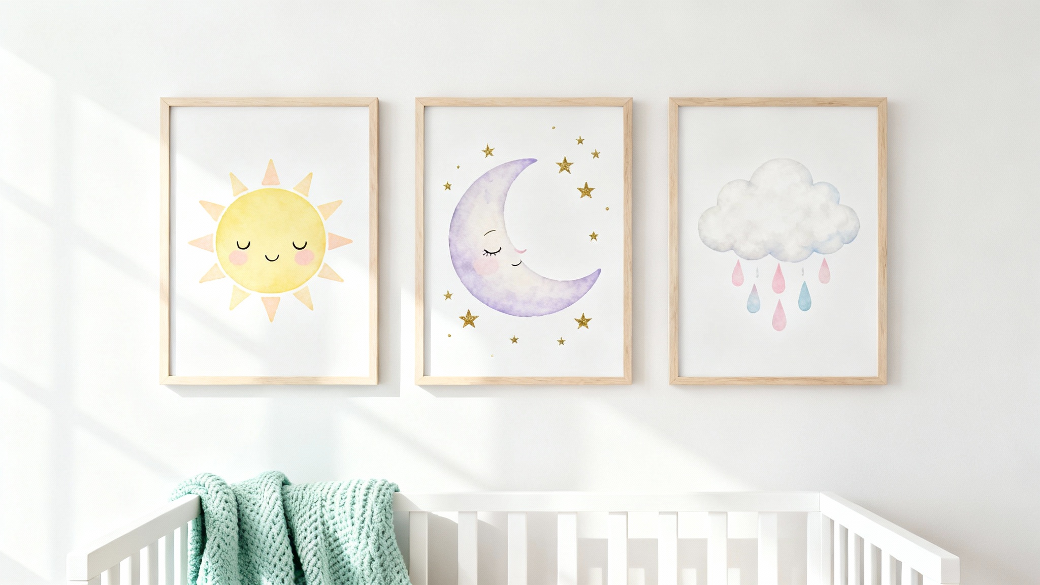 A mockup of three pastel-colored nursery wall art prints in light wood frames, featuring a sun, moon, and cloud, hanging above a white crib in a brightly lit, serene room.
