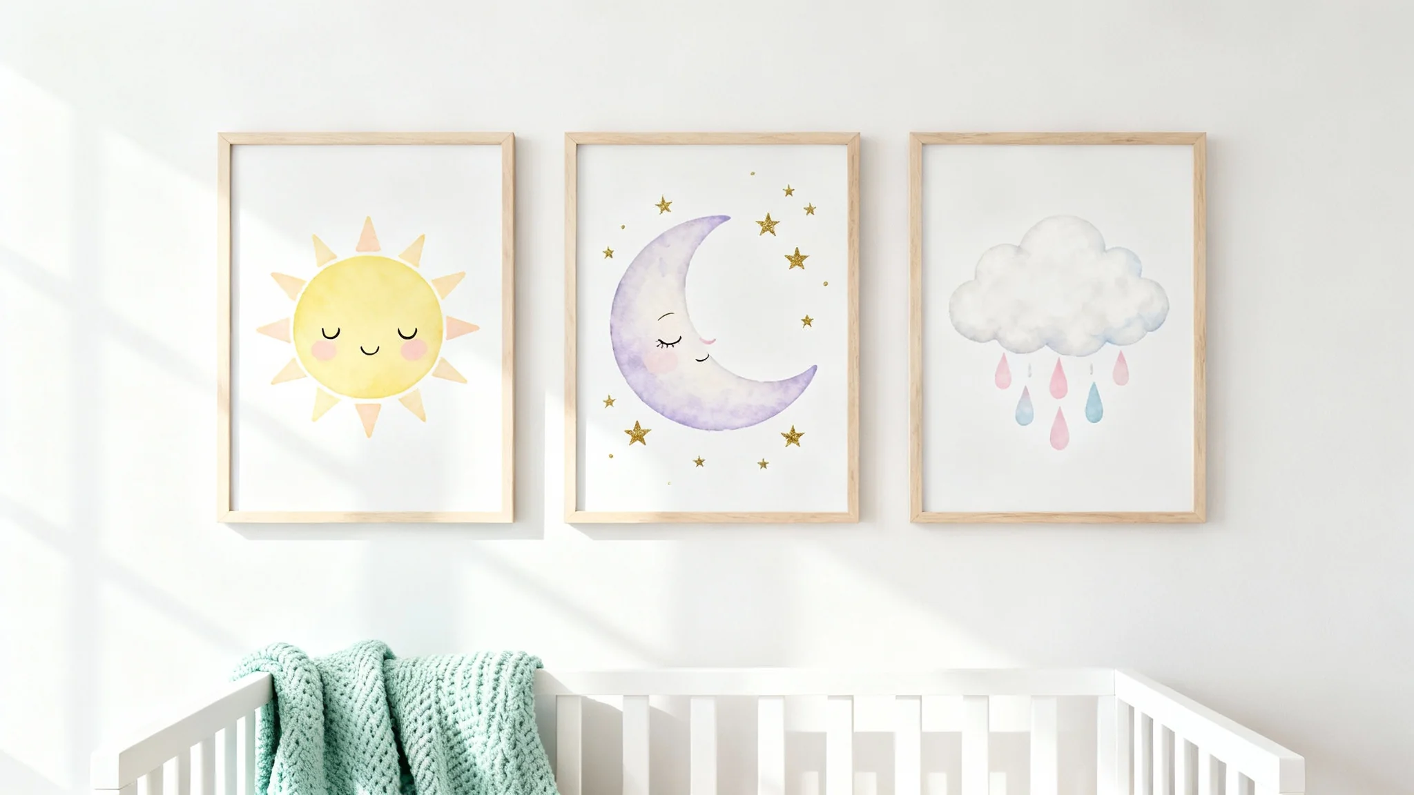 A mockup of three pastel-colored nursery wall art prints in light wood frames, featuring a sun, moon, and cloud, hanging above a white crib in a brightly lit, serene room.