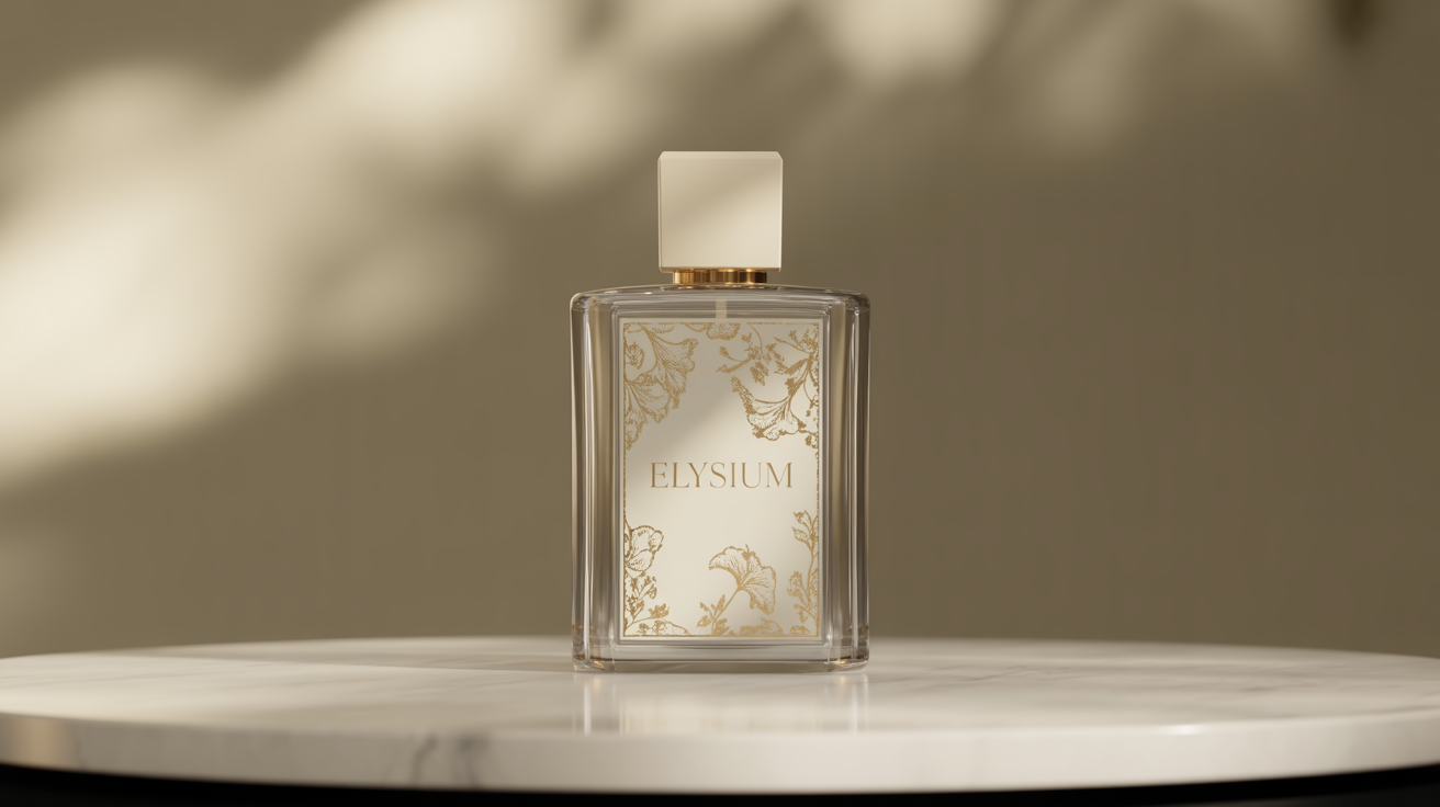 A professional product photo of a luxurious perfume bottle named 'Elysium', showcasing the final designed label with gold foil details on a clean, minimalist background.
