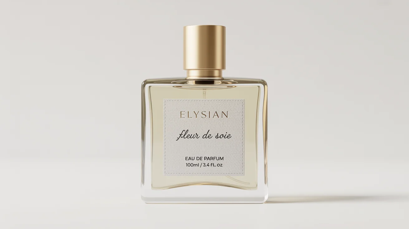 A photorealistic mockup of a modern, rectangular perfume bottle with a gold cap, set against a clean white background. The label on the bottle reads 'Elysian' and 'Fleur de Soie'.