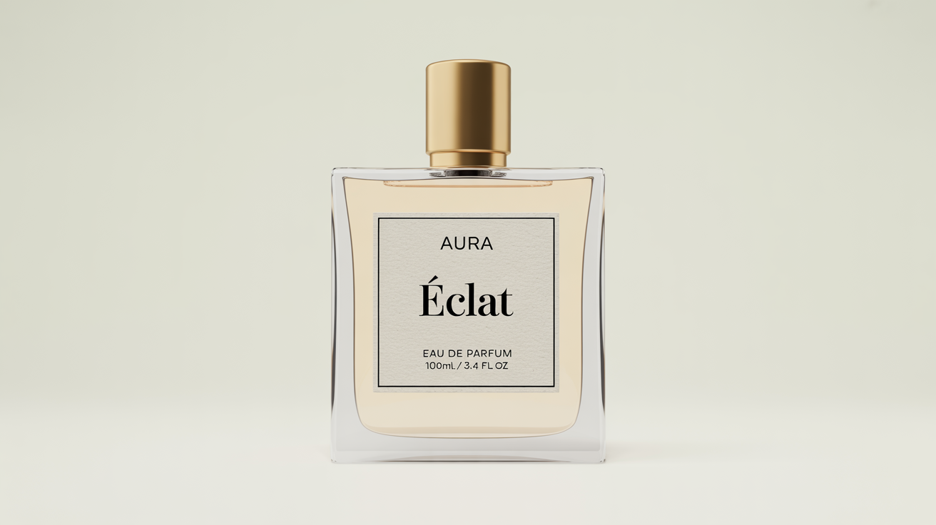 A photorealistic mockup of a luxury perfume bottle on a white background. The clear glass bottle has a gold cap and a minimalist white label with the text 'AURA Éclat'.