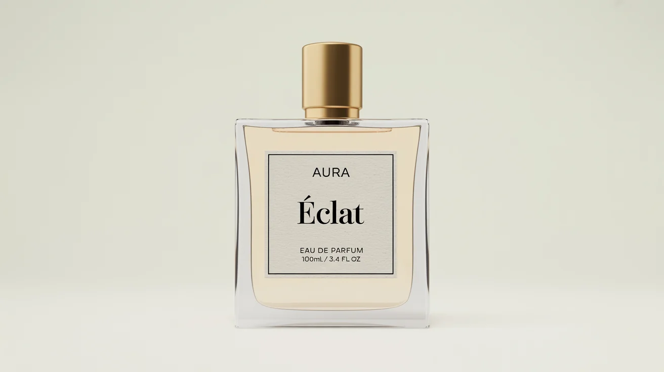 A photorealistic mockup of a luxury perfume bottle on a white background. The clear glass bottle has a gold cap and a minimalist white label with the text 'AURA Éclat'.