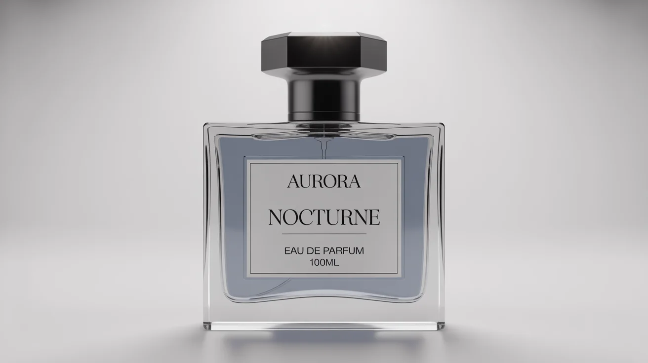 A photorealistic product mockup of a minimalist rectangular perfume bottle with a black cap, against a white background. The label features the legible text 'AURORA' and 'NOCTURNE'.