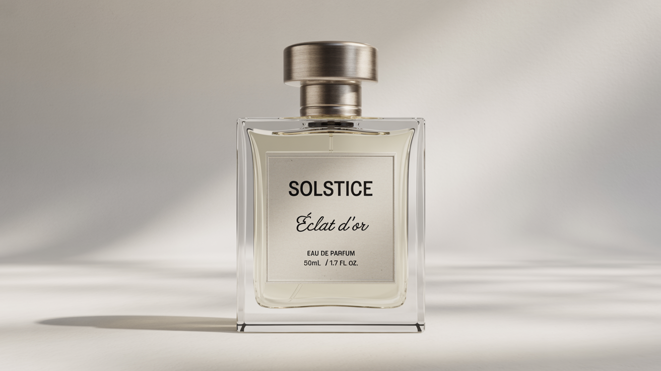 A minimalist product mockup of a rectangular glass perfume bottle with a silver cap, set against a plain white background. The off-white label on the bottle reads 'SOLSTICE' and 'Éclat d'Or'.