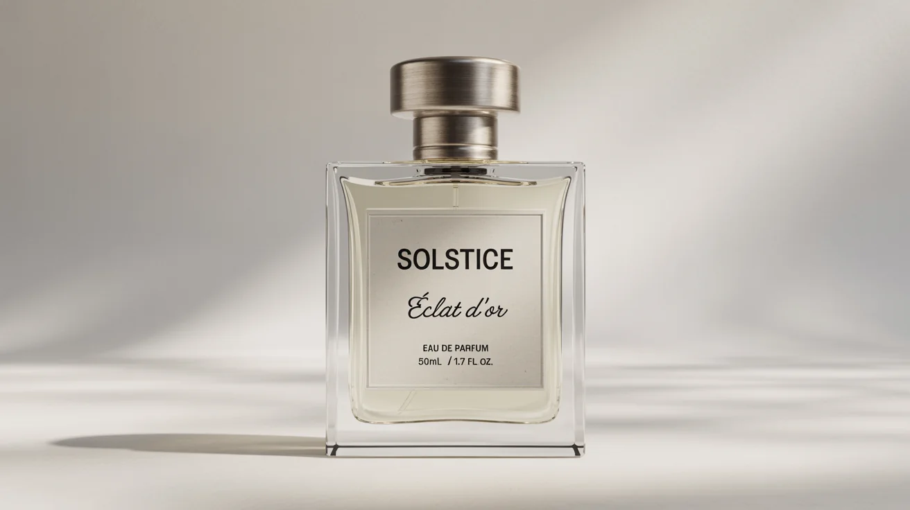 A minimalist product mockup of a rectangular glass perfume bottle with a silver cap, set against a plain white background. The off-white label on the bottle reads 'SOLSTICE' and 'Éclat d'Or'.