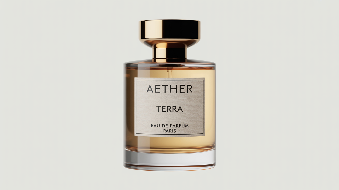 A photorealistic mockup of a rectangular glass perfume bottle with a gold cap on a white background. The minimalist white label features the text 'AETHER' and 'TERRA'.