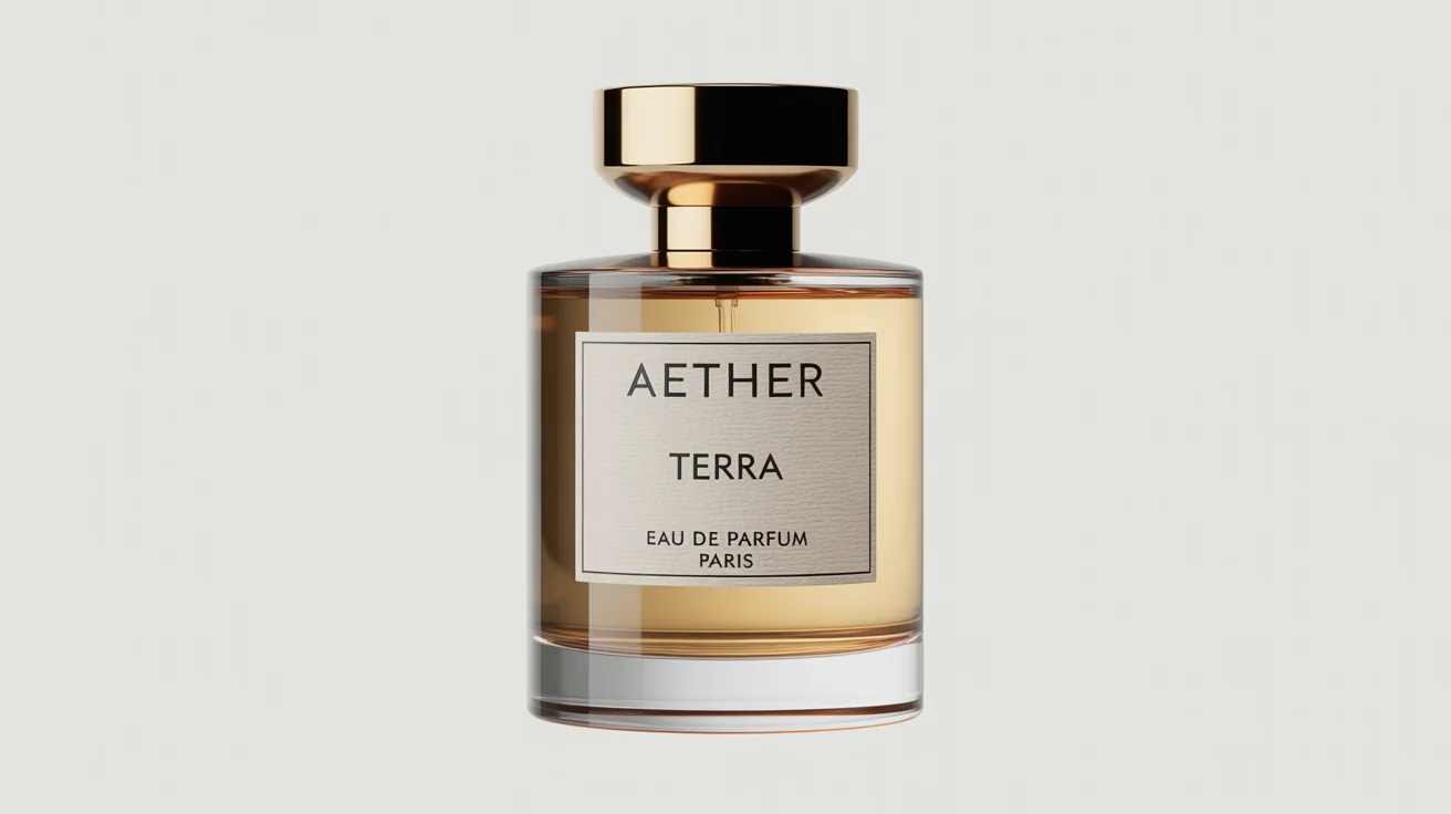 A photorealistic mockup of a rectangular glass perfume bottle with a gold cap on a white background. The minimalist white label features the text 'AETHER' and 'TERRA'.