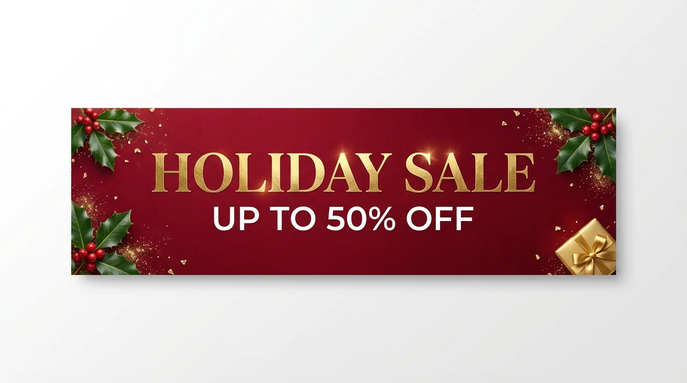 A festive holiday sale banner in red and gold. The banner announces a 'HOLIDAY SALE' with 'UP TO 50% OFF' and is decorated with holly and a gift box.