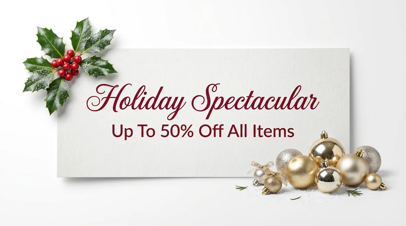 A modern holiday sale banner mockup on a white background. It features the text 'Holiday Spectacular' and 'Up To 50% Off All Items' in red, and is decorated with festive holly and baubles.