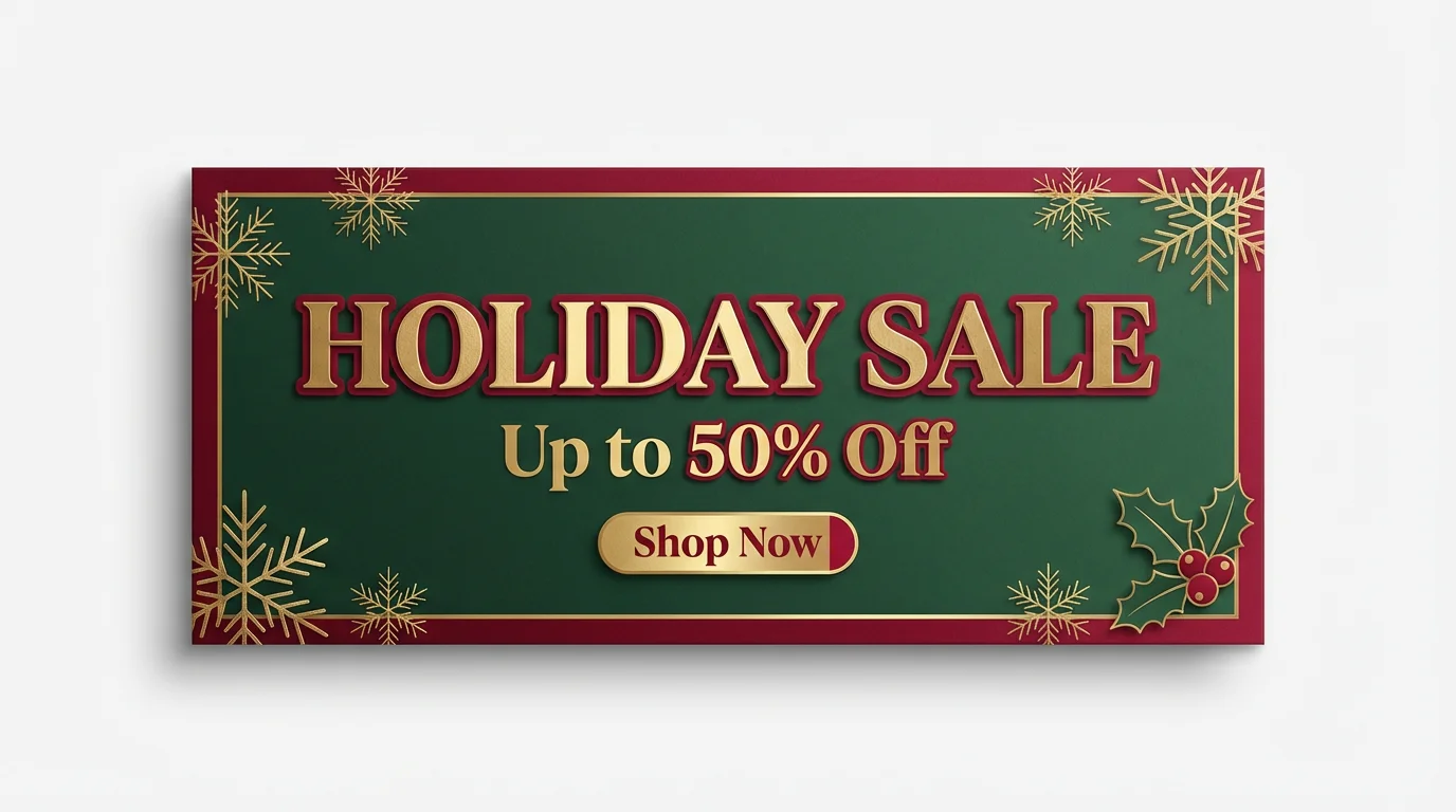 A mockup of a modern holiday sale banner with festive red, green, and gold colors and text that reads 'Holiday Sale, Up to 50% Off'.