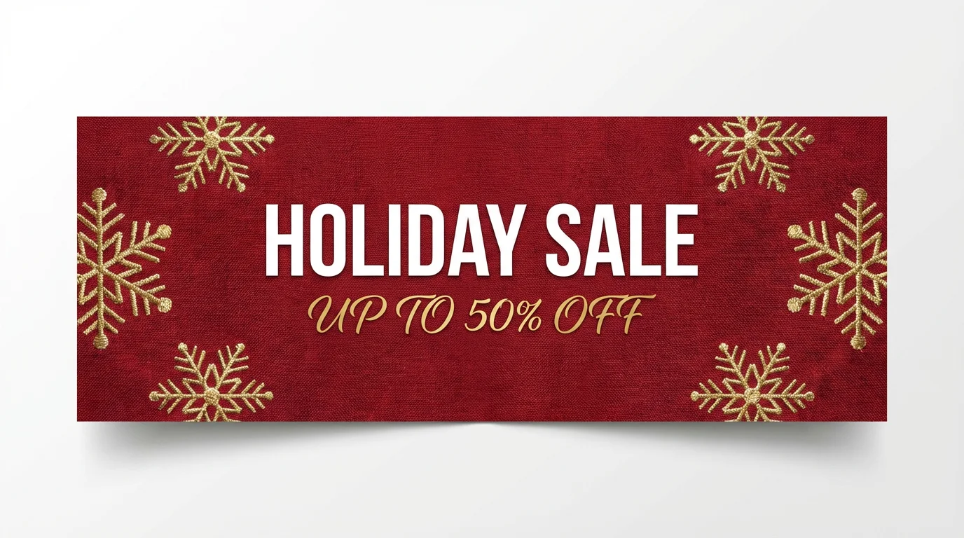 A professionally designed mockup of a red and gold holiday sale banner with the text 'Holiday Sale' and 'Up to 50% off', displayed on a clean white background.