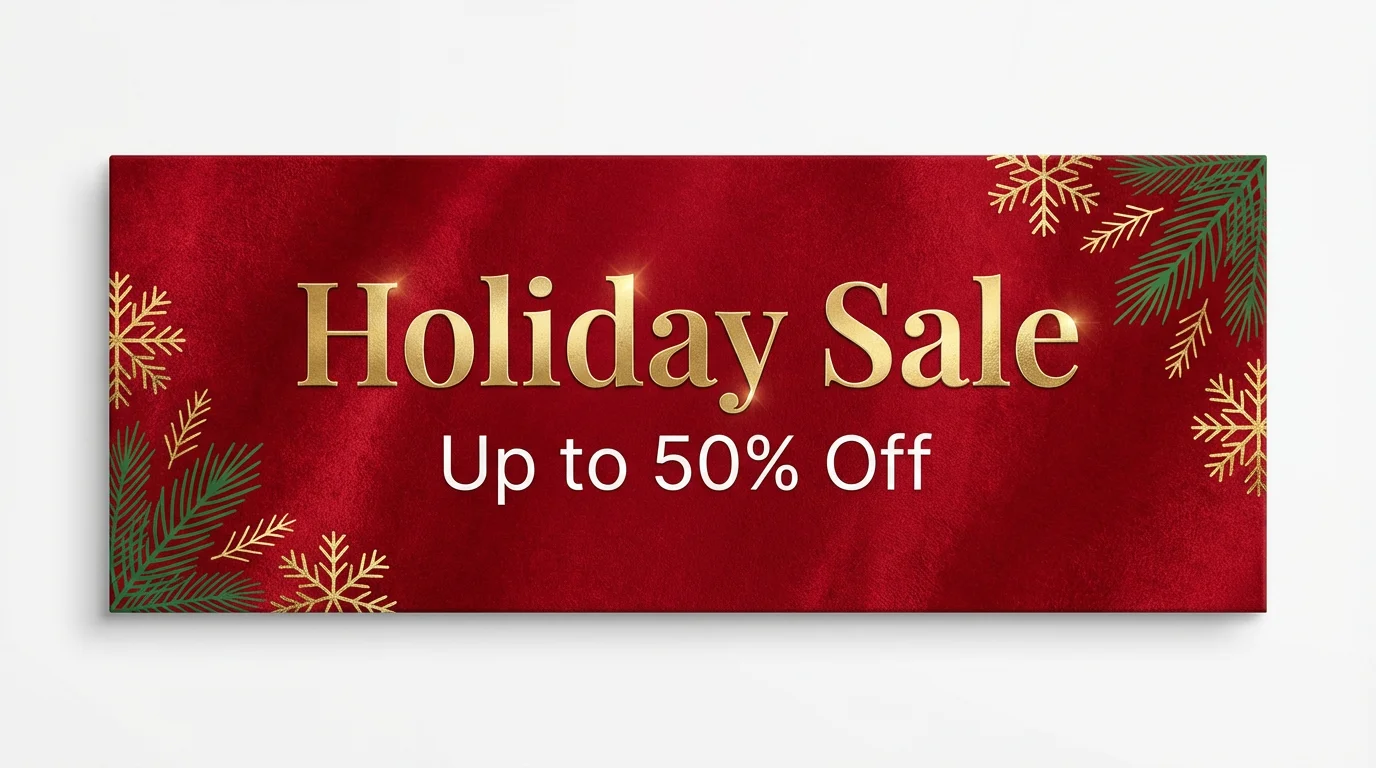 A festive holiday sale banner mockup on a white background. The red banner features gold text reading 'Holiday Sale' and white text reading 'Up to 50% Off', with snowflake and pine branch decorations.