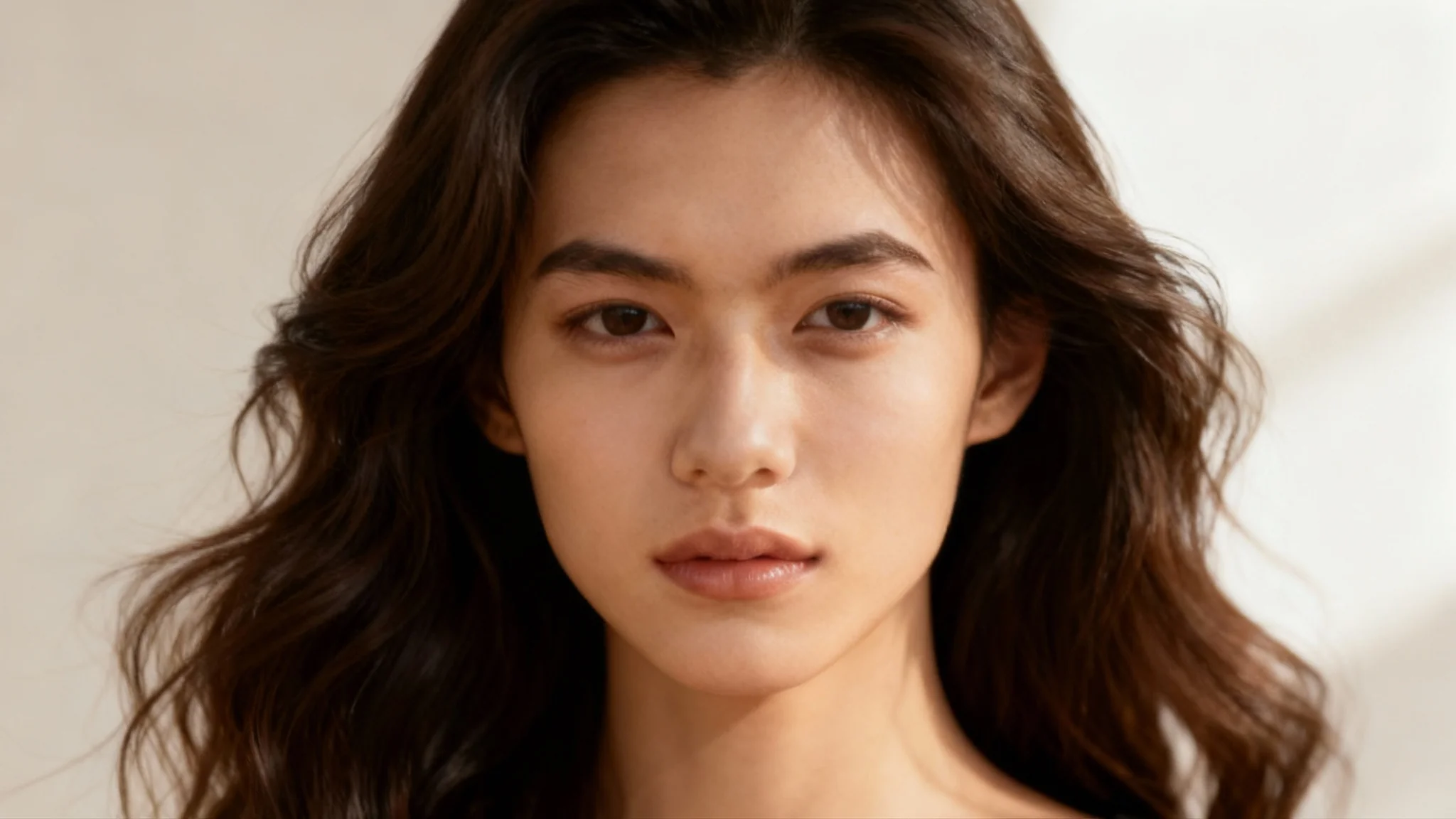 A realistic hero image showing the result of a face transformation: a beautiful young woman with long wavy hair and soft features, smiling confidently in a professional studio setting.