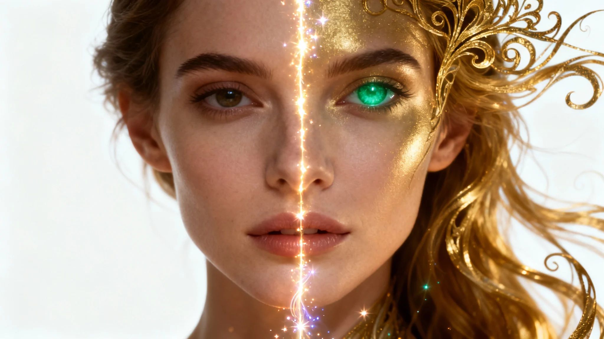 A conceptual image of a woman's face split in two to show a transformation. The left side is a natural portrait, while the right side is a fantastical version with a glowing green eye and golden metallic skin and hair.
