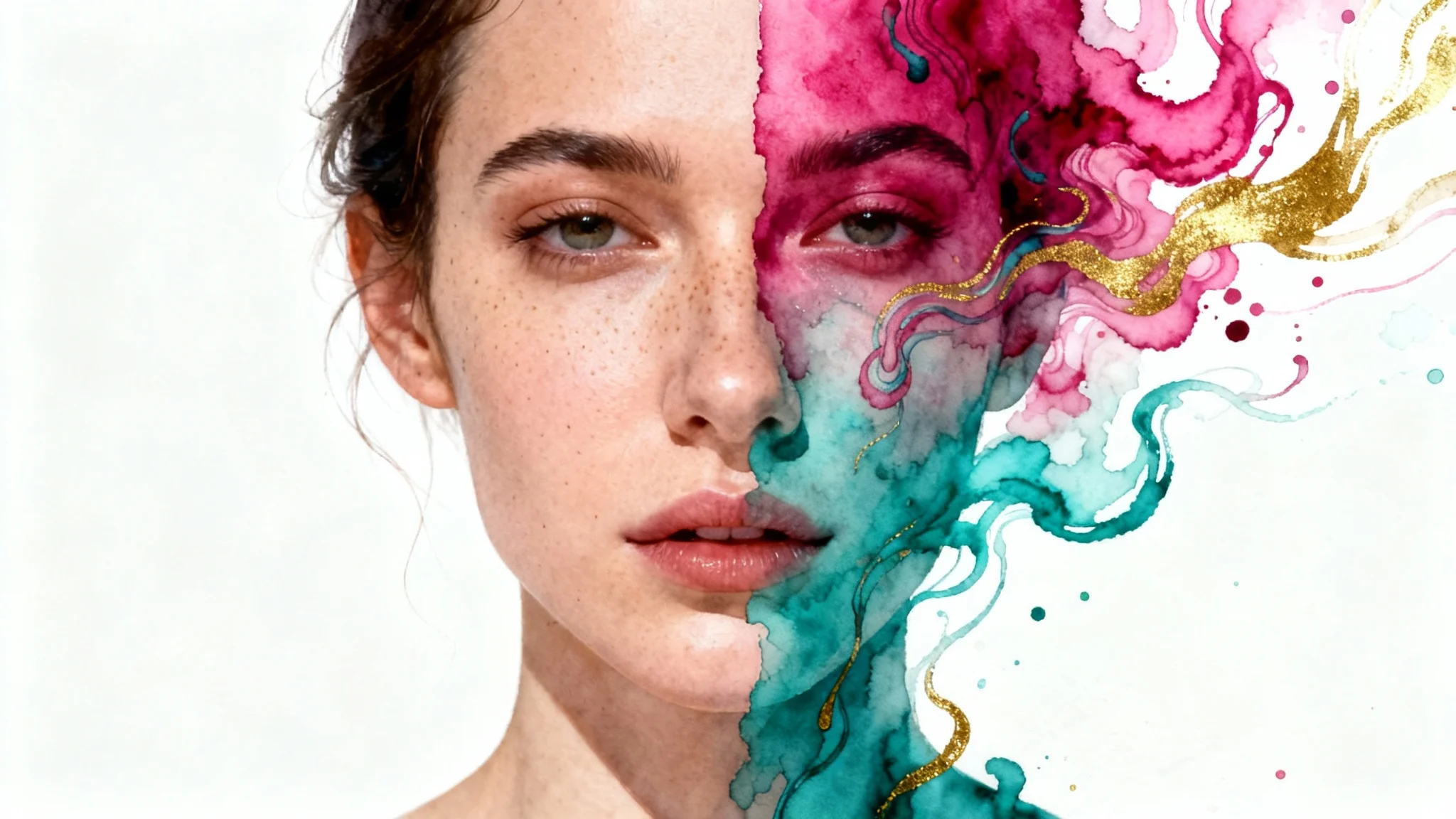 A conceptual image of a face transformation, showing a face that is half realistic human and half vibrant watercolor painting, against a stark white background.